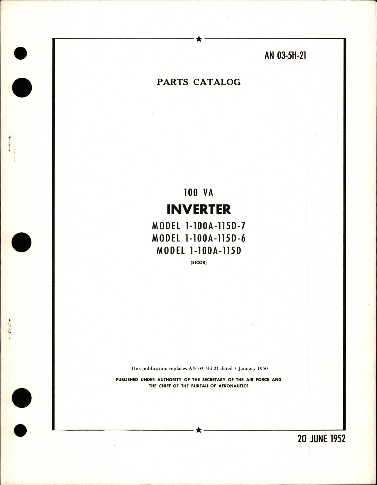 Sample page 1 from AirCorps Library document: Parts Catalog for Inverter - 100 VA - Models 1-100A-115D, 1-100A-115D-7, and 1-100A-115D-6