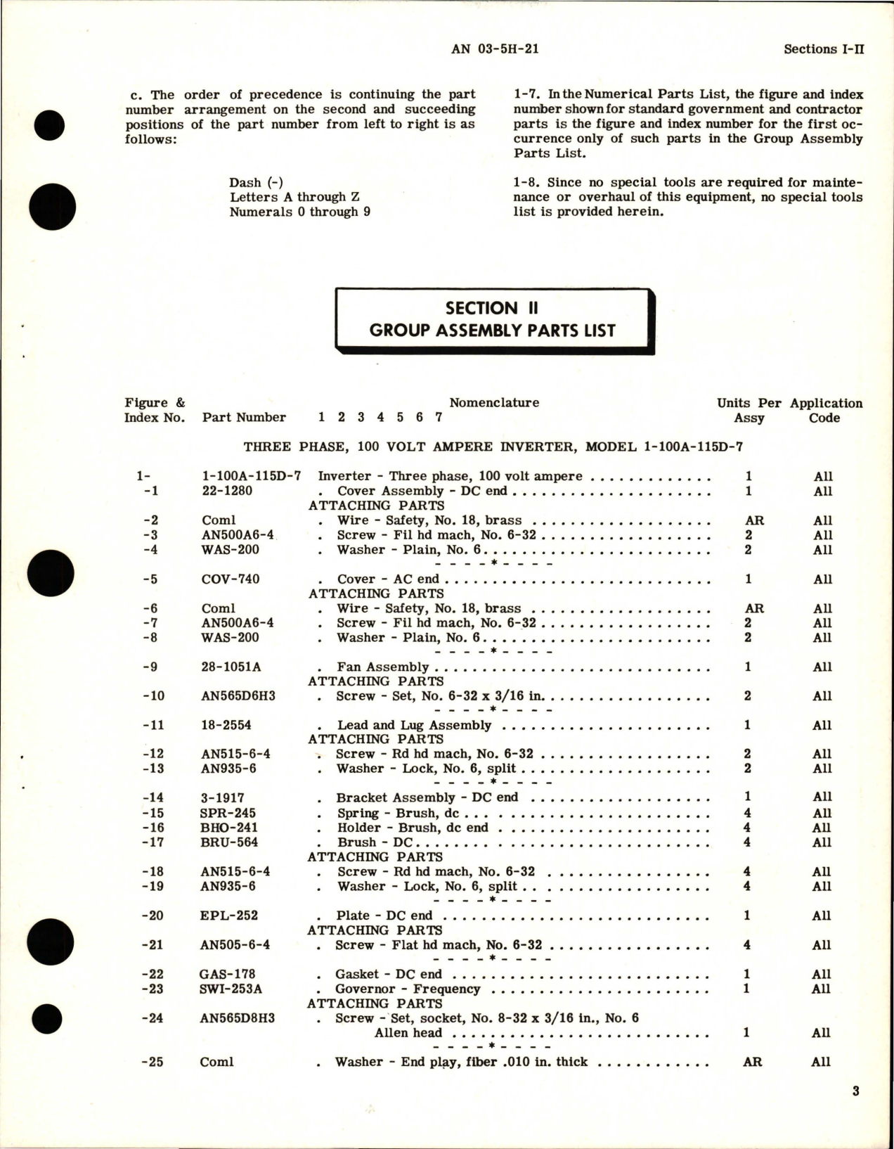 Sample page 5 from AirCorps Library document: Parts Catalog for Inverter - 100 VA - Models 1-100A-115D, 1-100A-115D-7, and 1-100A-115D-6