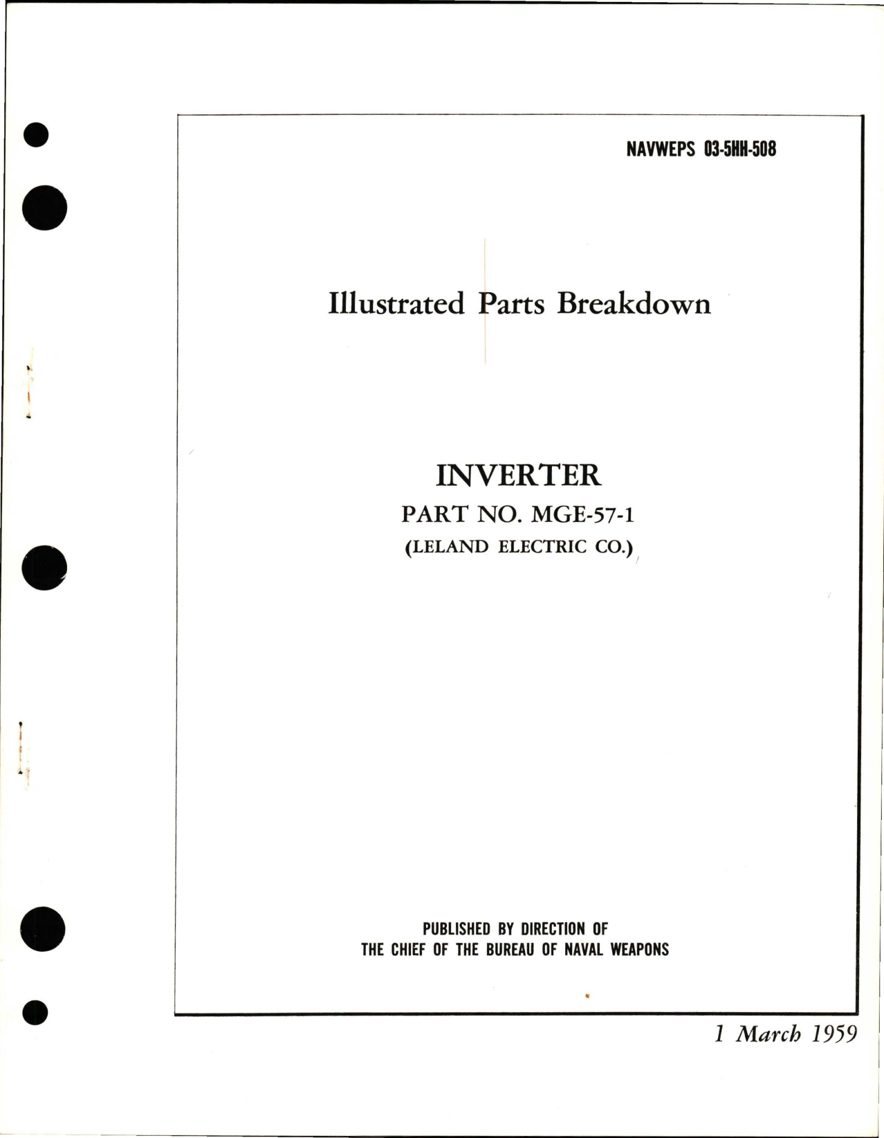 Sample page 1 from AirCorps Library document: Illustrated Parts Breakdown for Inverter - Part MGE-57-1 