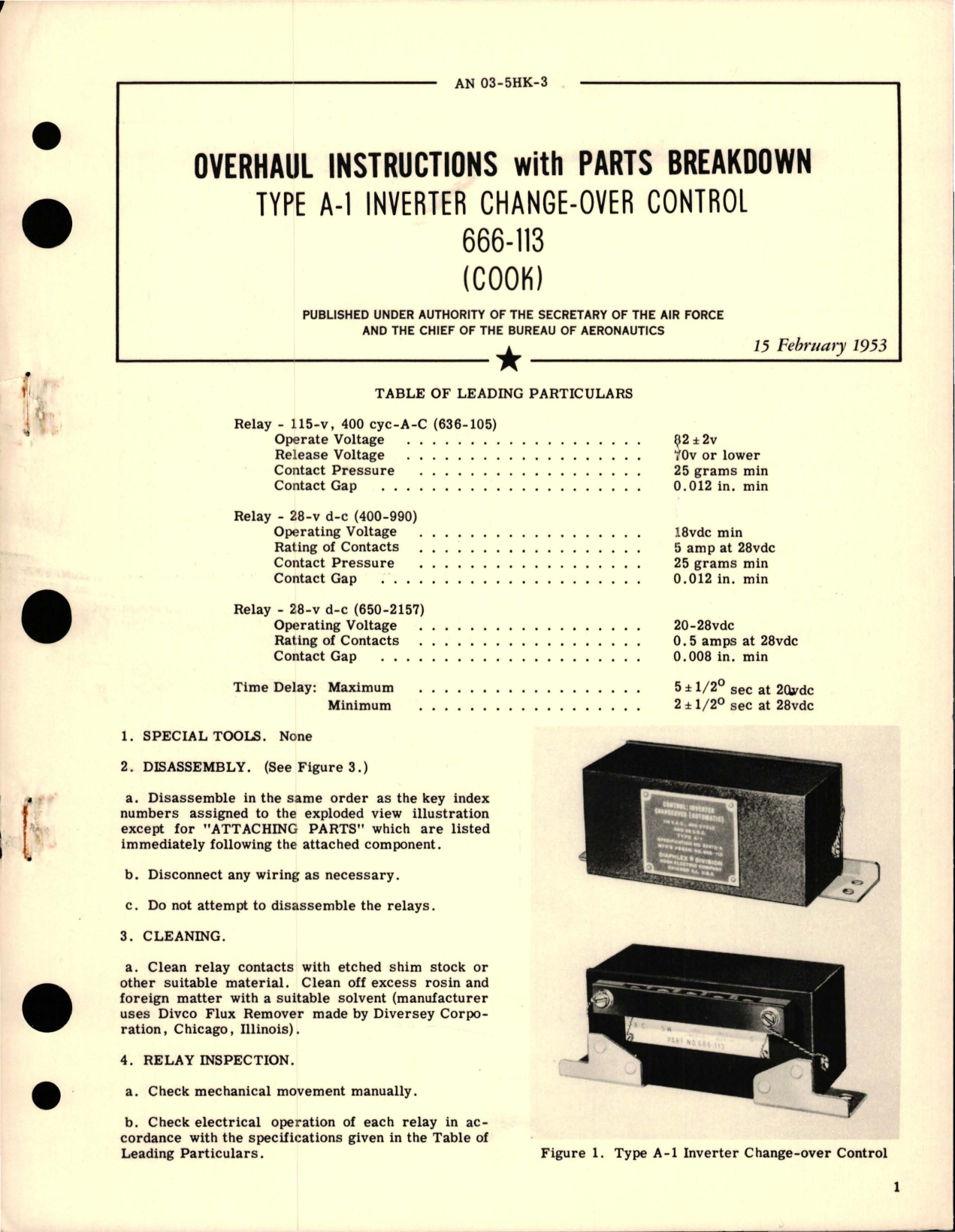 Sample page 1 from AirCorps Library document: Overhaul Instructions with Parts Breakdown for Inverter Change-Over Control - Type A-1 - 666-113