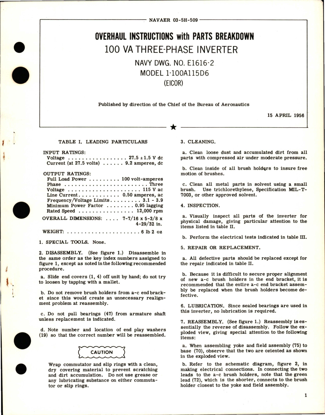 Sample page 1 from AirCorps Library document: Overhaul Instructions with Parts Breakdown for Inverter - 100 VA Three-Phase - Model 1-100A115D6