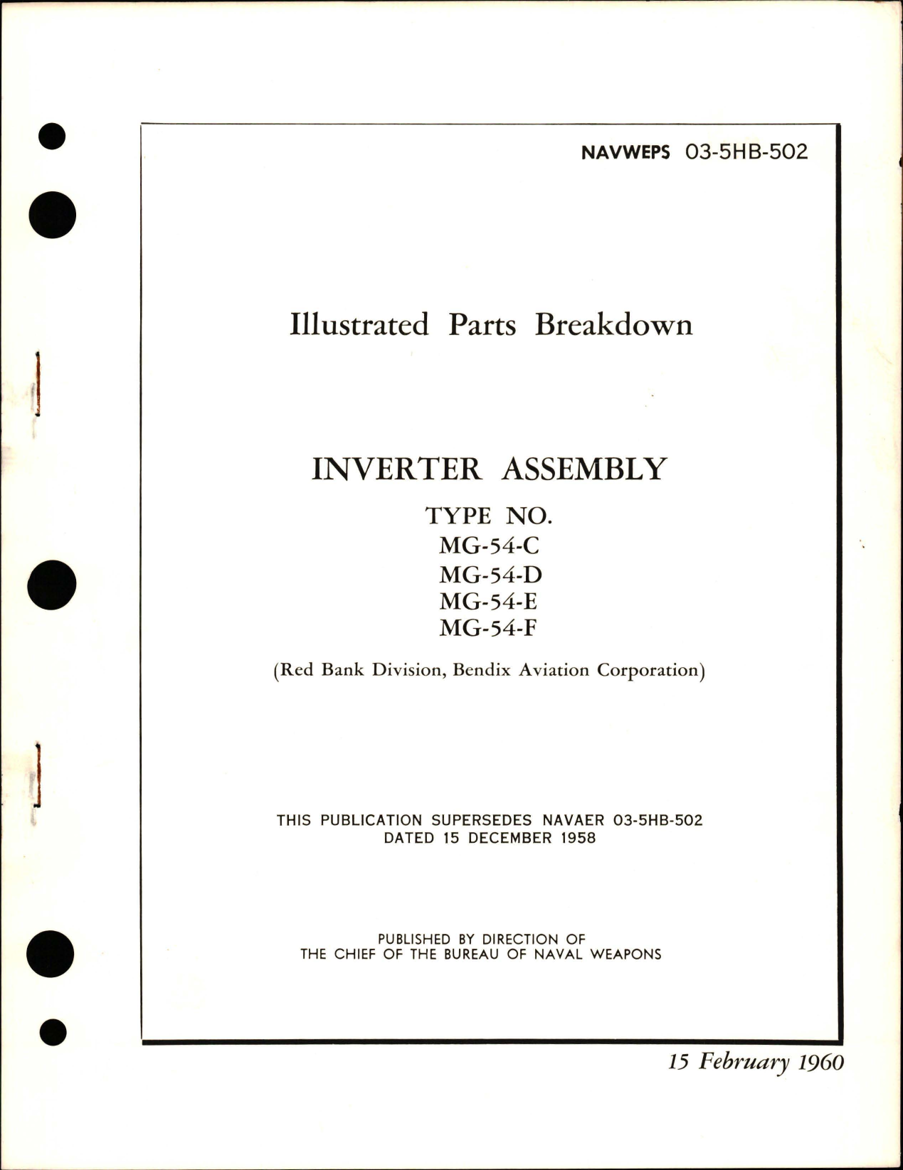 Sample page 1 from AirCorps Library document: Illustrated Parts Breakdown for Inverter Assembly - Types MG-54-C, MG-54-D, MG-54-E, and MG-54-F