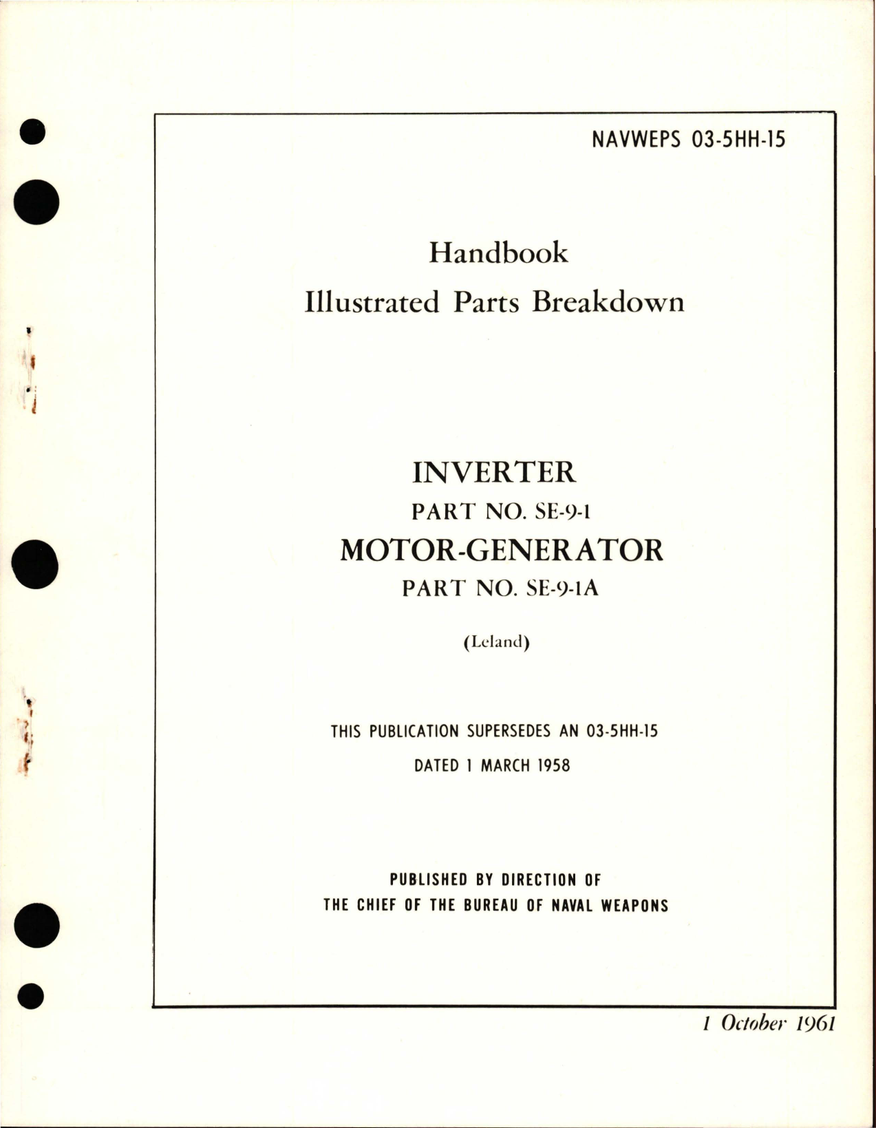 Sample page 1 from AirCorps Library document: Illustrated Parts Breakdown for Inverter - Part SE-9-1, and Motor Generator Part SE-9-1A