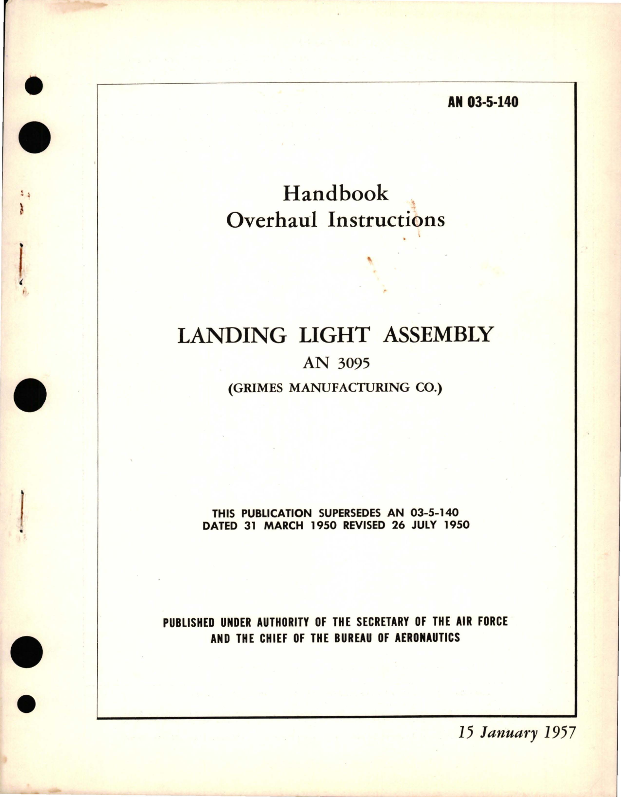 Sample page 1 from AirCorps Library document: Overhaul Instructions for Landing Light Assembly - AN 3095