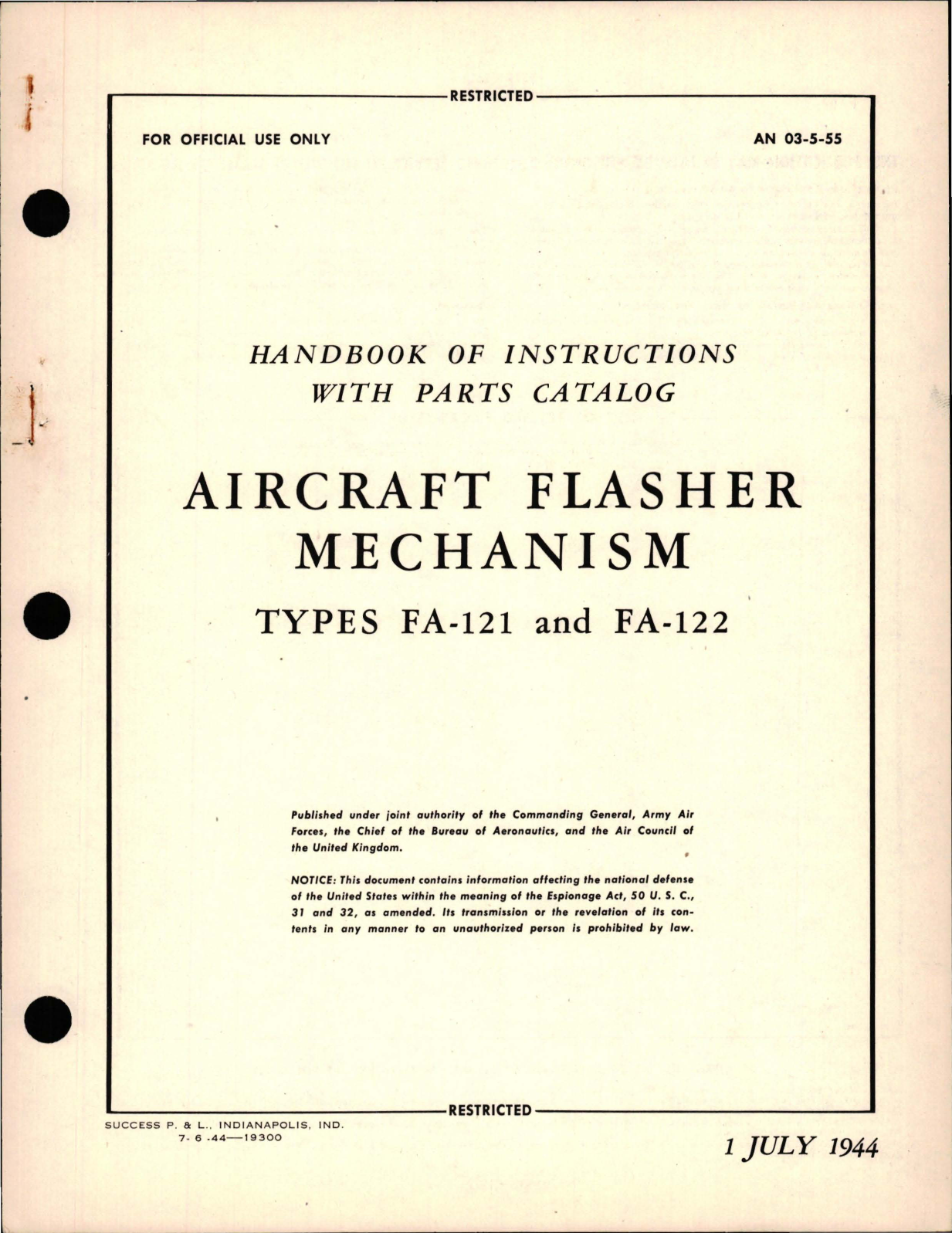 Sample page 1 from AirCorps Library document: Instructions with Parts Catalog for Aircraft Flasher Mechanism - Types FA-121 and FA-122 