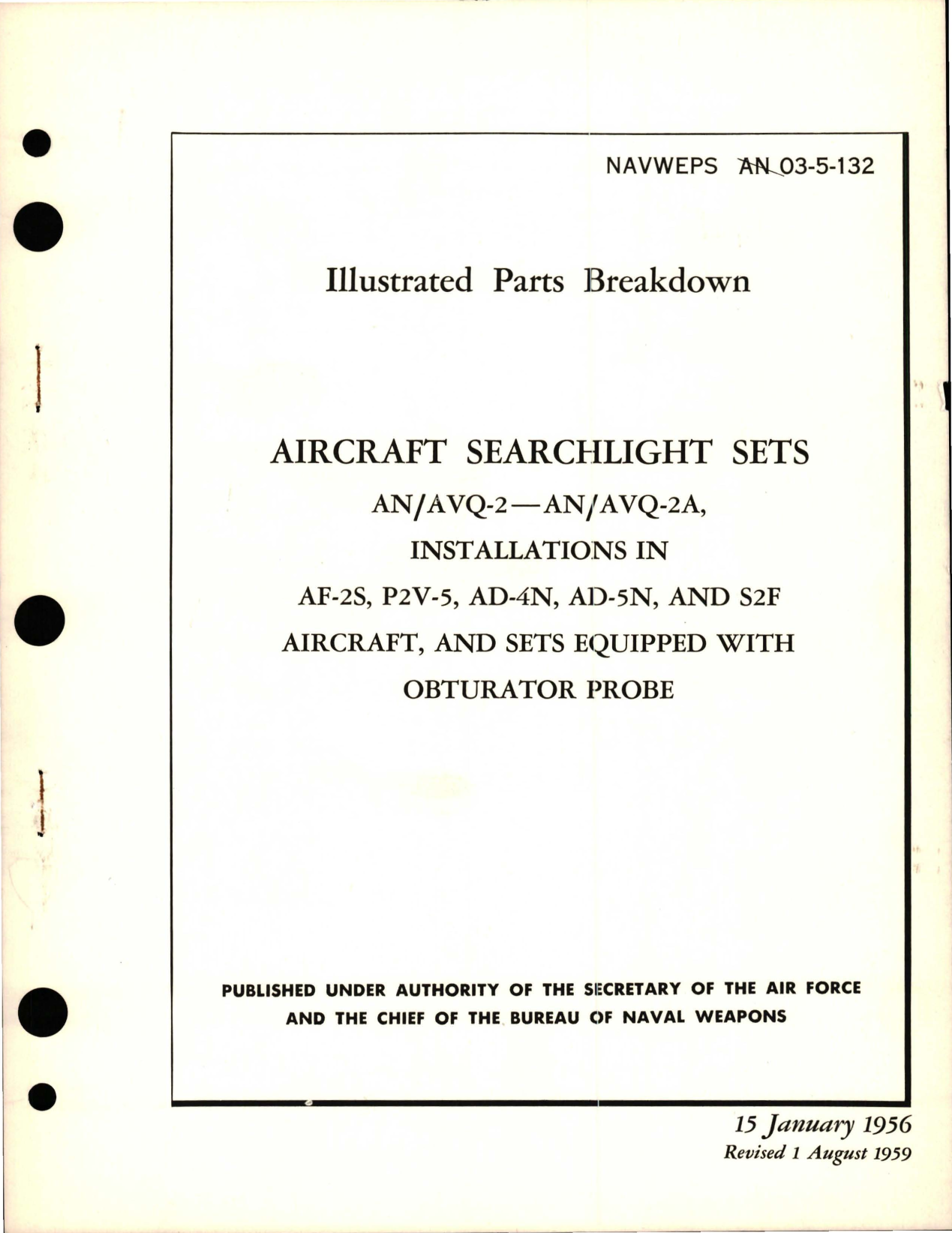Sample page 1 from AirCorps Library document: Illustrated Parts Breakdown for Searchlight Sets - Installation In Aircraft and Sets Equipped with Obturator Probe - AN-AVQ-2 and AN-AVQ-2A 