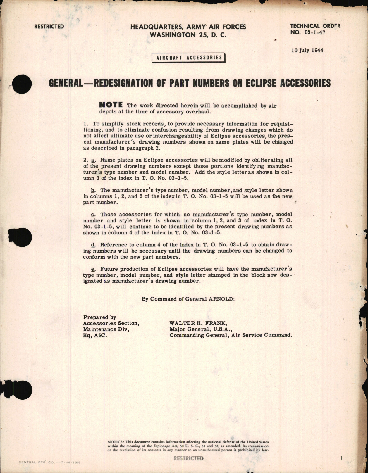 Sample page 1 from AirCorps Library document: Redesignation of Part Numbers on Eclipse Accessories