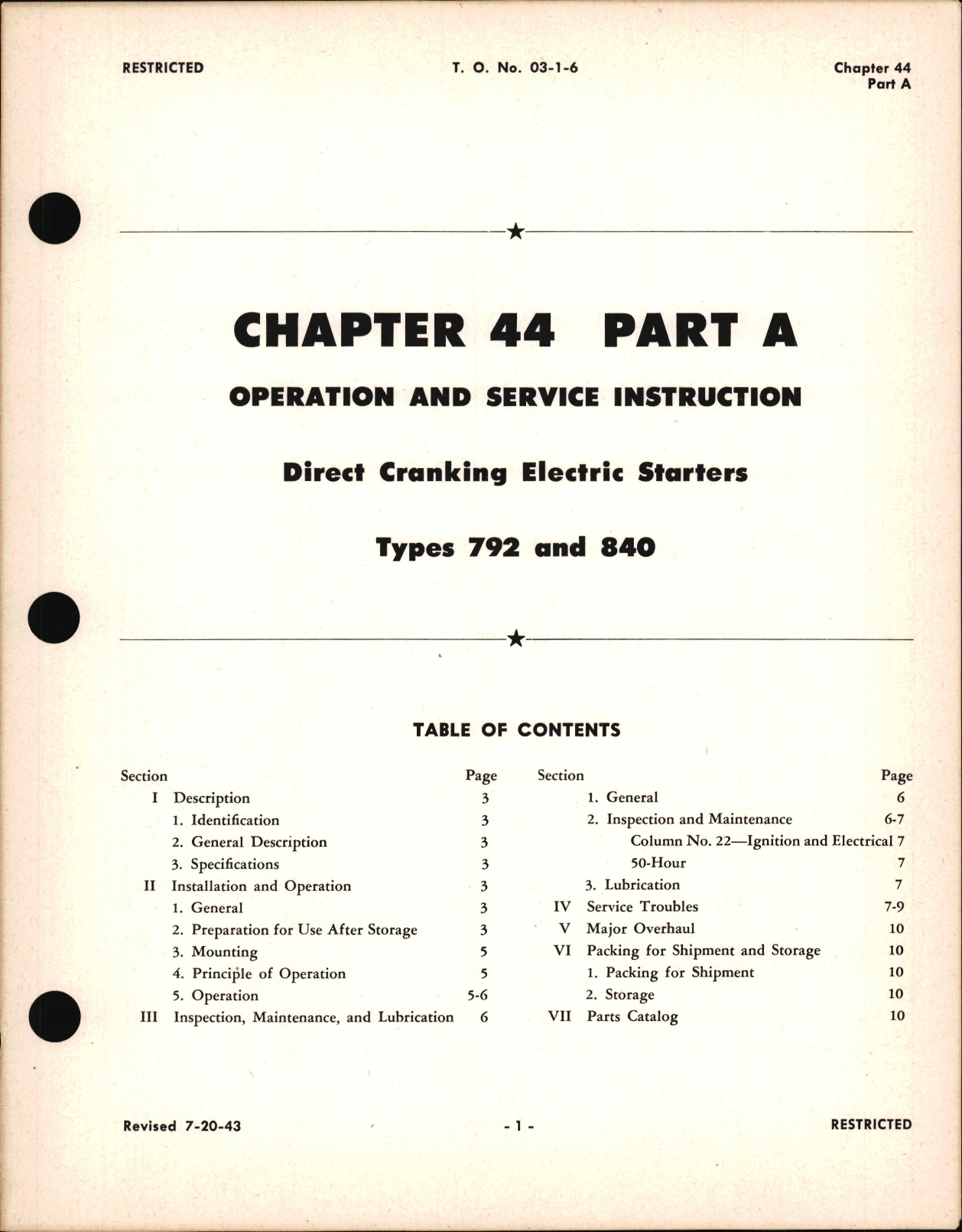 Sample page 1 from AirCorps Library document: Operation and Service Instruction for Direct Cranking Electric Starters, Chapter 44 Part A