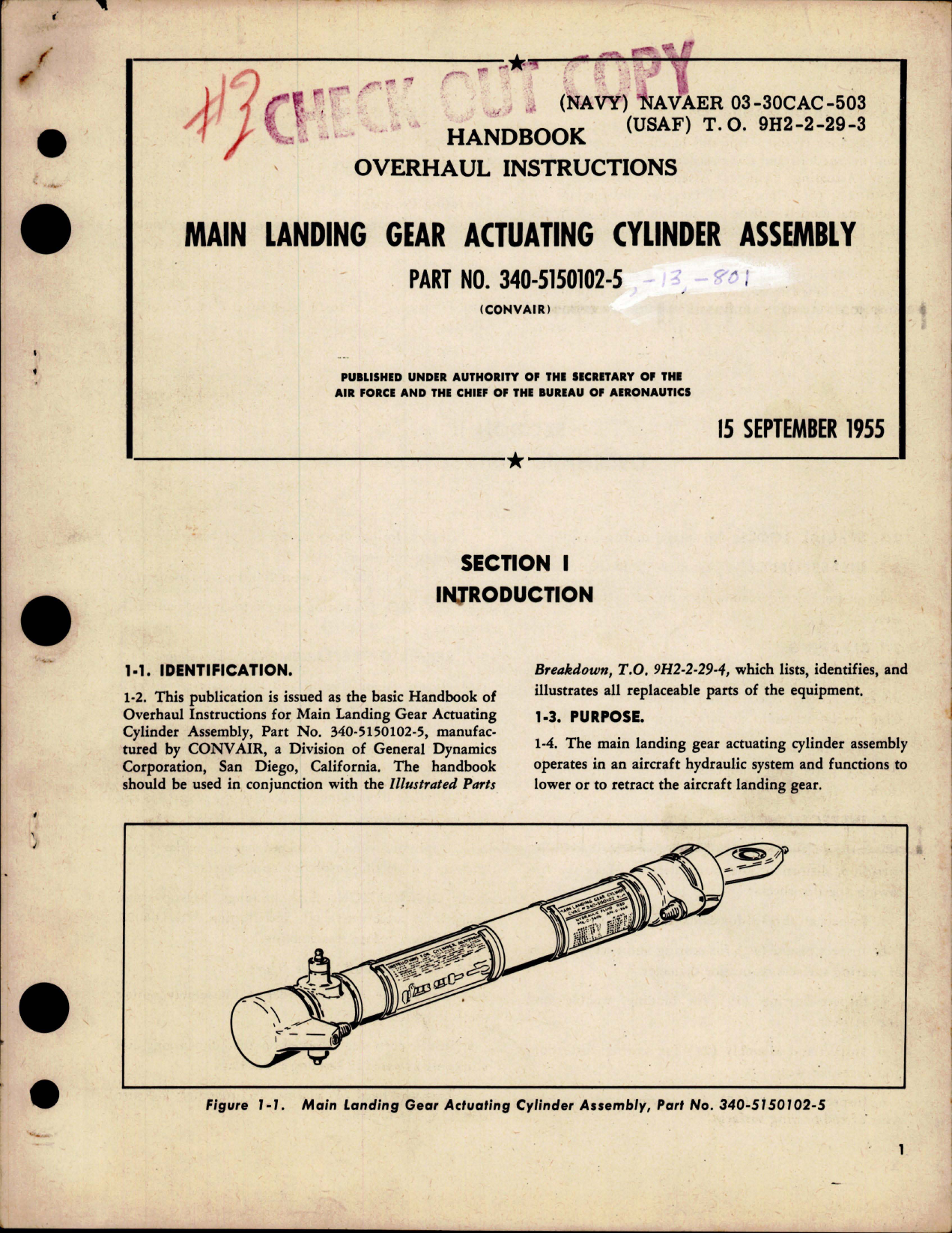 Sample page 1 from AirCorps Library document: Overhaul Instructions for Main Landing Gear Actuating Cylinder Assembly - Part 340-5150102-5 