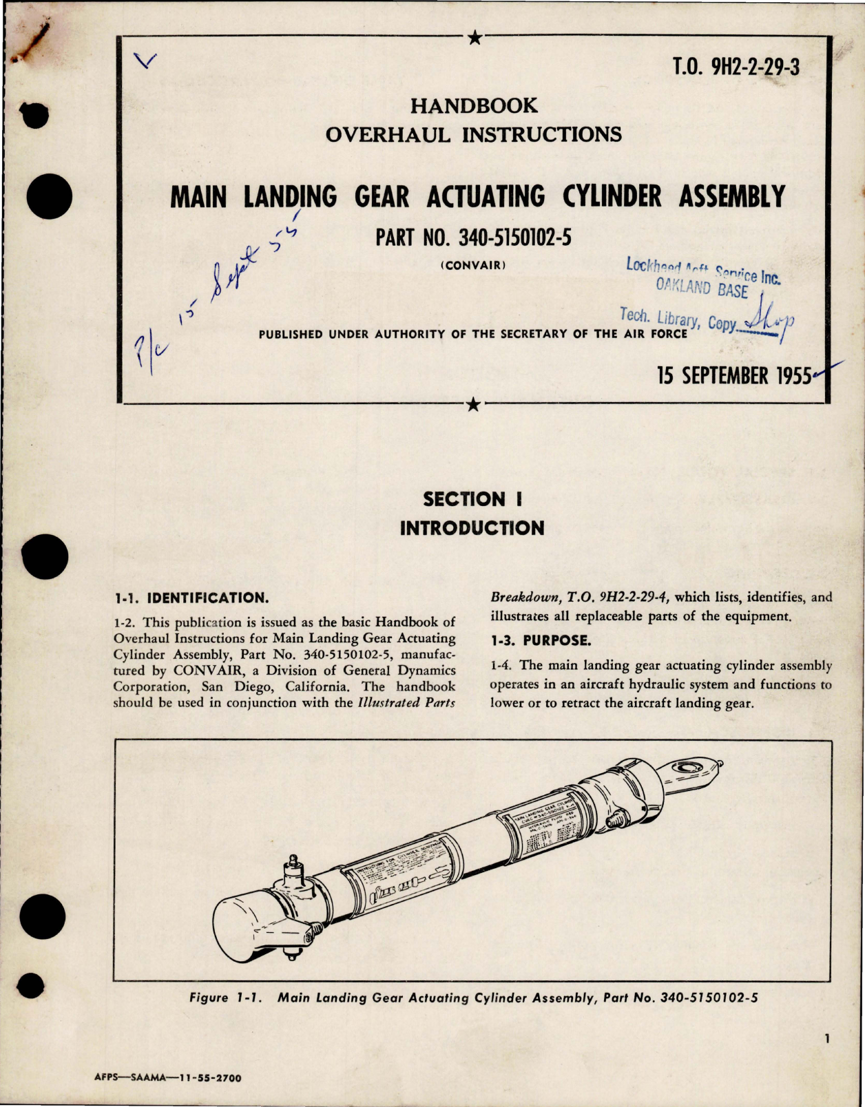 Sample page 1 from AirCorps Library document: Overhaul Instructions for Main Landing Gear Actuating Cylinder Assembly - Part 340-5150102-5 