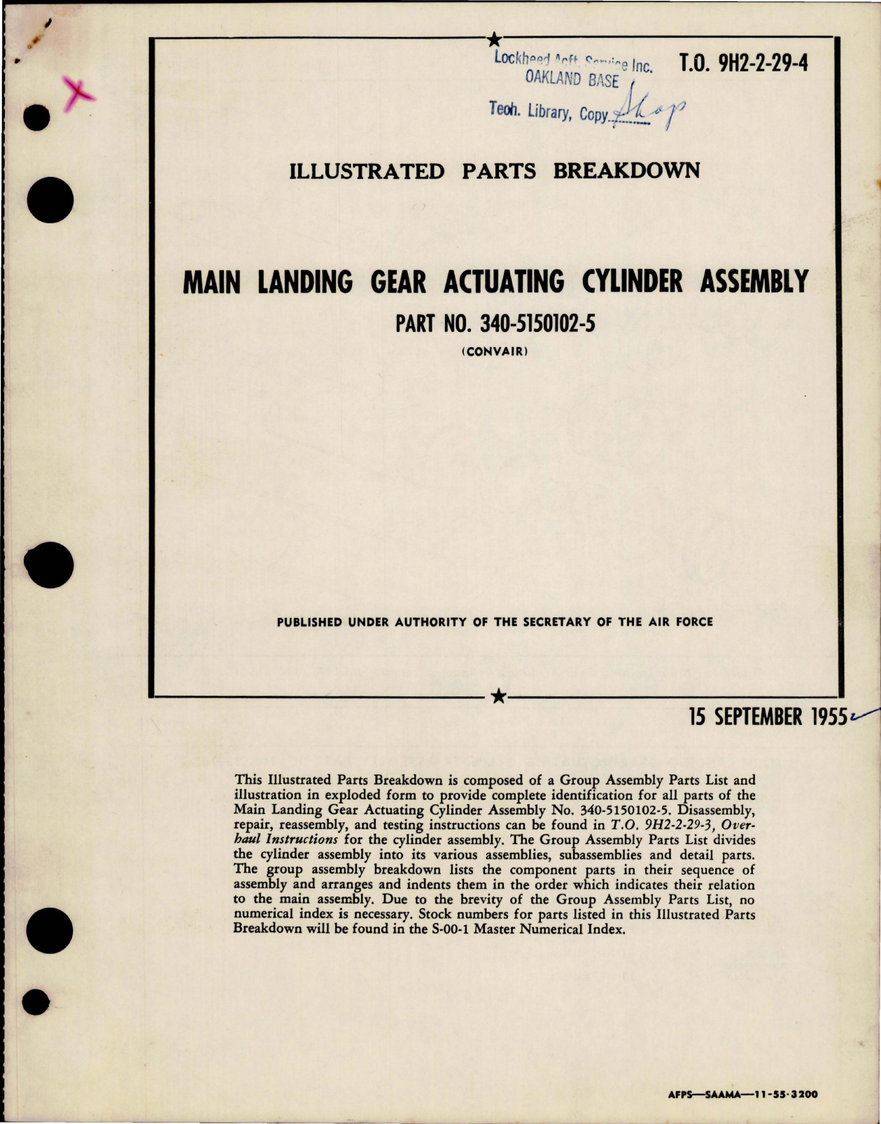 Sample page 1 from AirCorps Library document: Illustrated Parts Breakdown for Main Landing Gear Actuating Cylinder Assembly - Part 340-5150102-5 