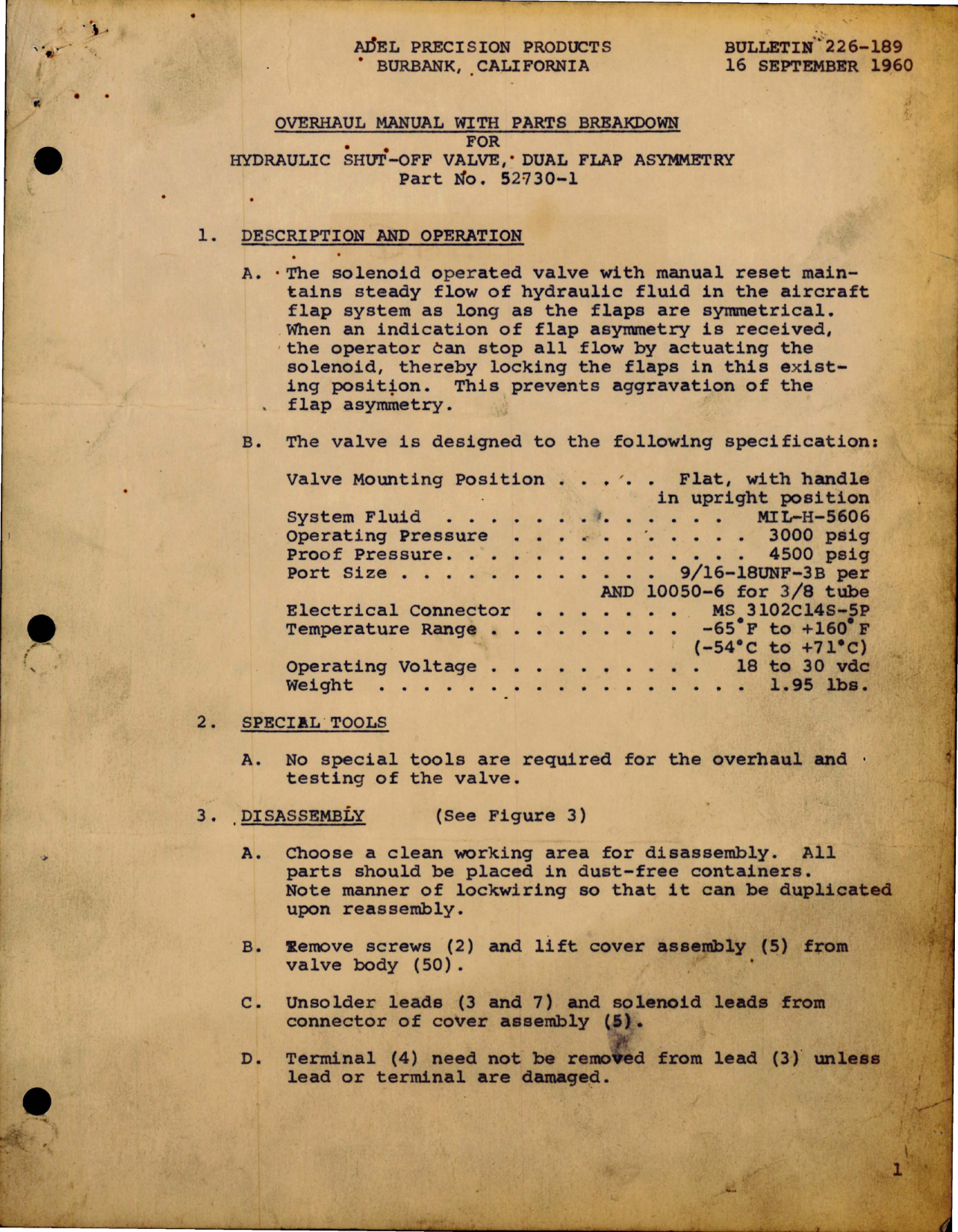 Sample page 1 from AirCorps Library document: Overhaul Manual with Parts Breakdown for Hydraulic Shut Off Valve Dual Flap Asymmetry - Part 52730-1