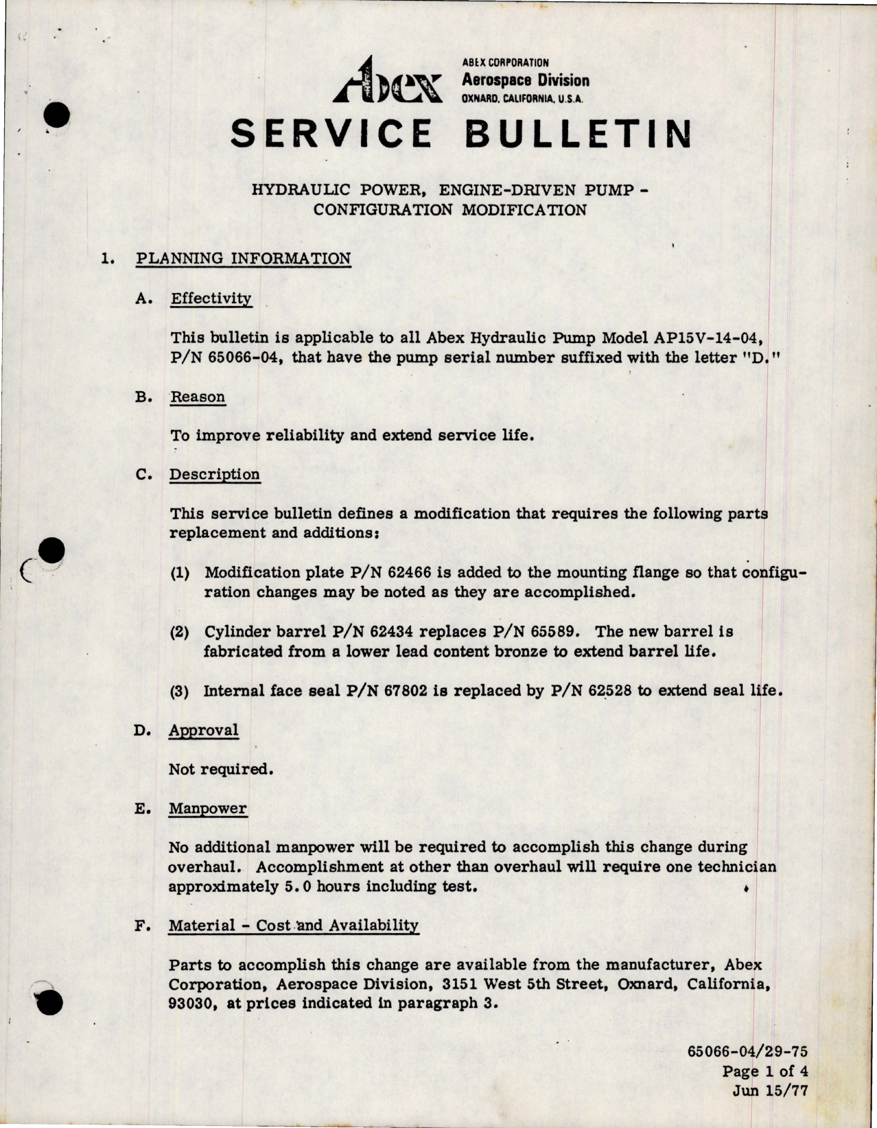 Sample page 1 from AirCorps Library document: Hydraulic Power Engine Driven Pump Configuration Modification - Model AP15V-14-04 - Part 65066-04