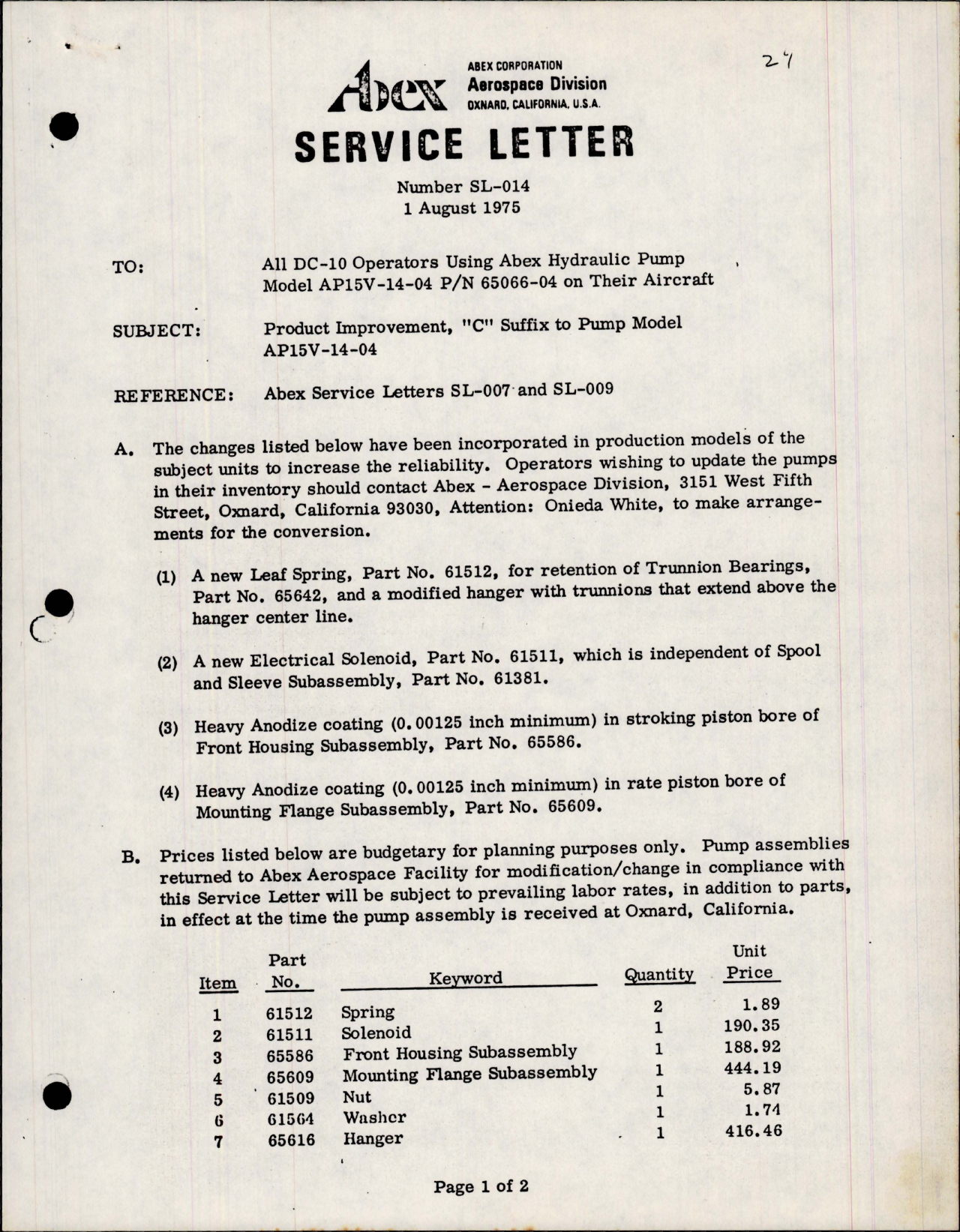 Sample page 1 from AirCorps Library document: Product Improvement to Pump - Model AP15V-14-04 - Part 65066-04