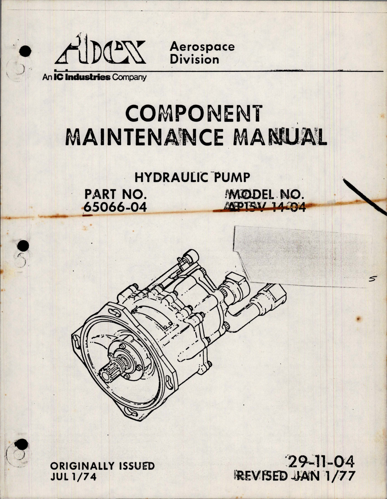 Sample page 1 from AirCorps Library document: Maintenance Manual for Hydraulic Pump - Part 65066-04 - Model AP15V-14-04 