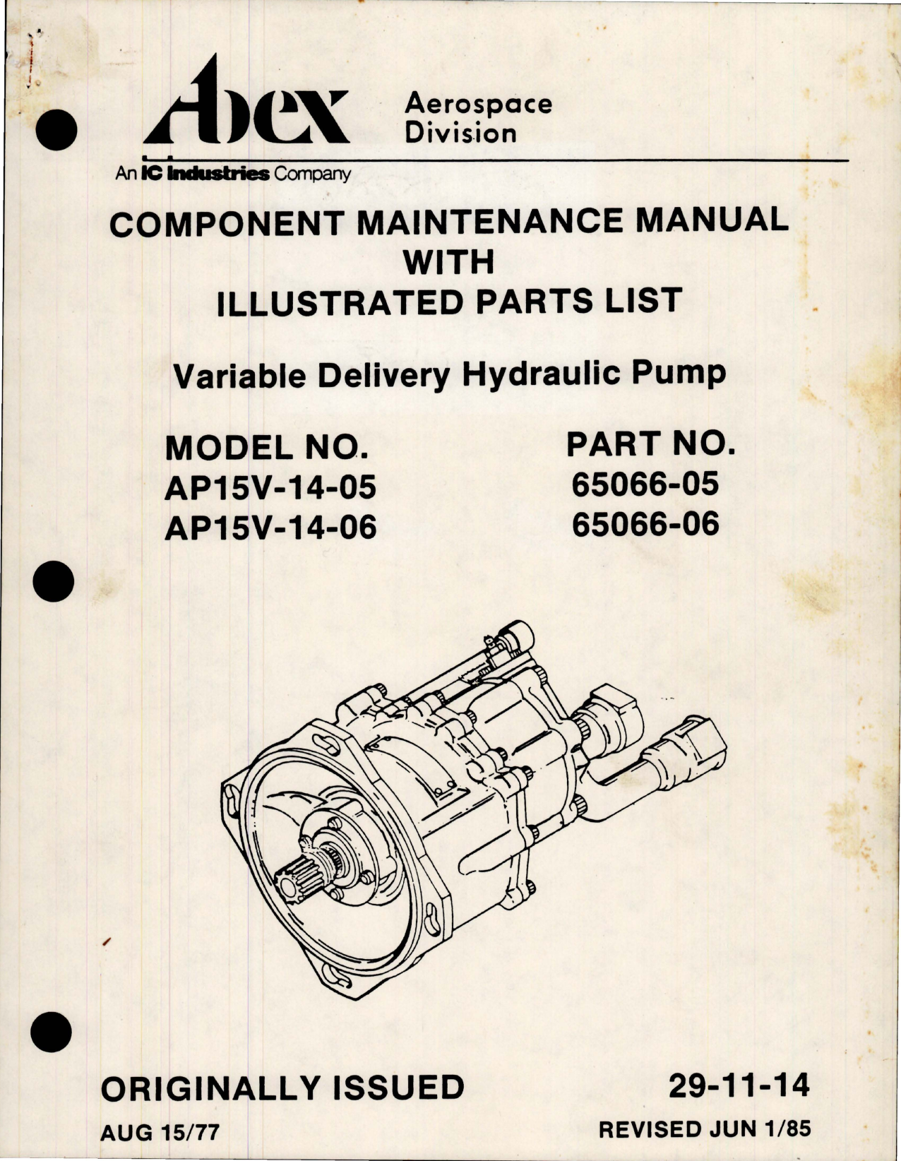 Sample page 1 from AirCorps Library document: Maintenance Manual w Parts List for Variable Delivery Hydraulic Pump - Parts 65066-05 and 65066-06