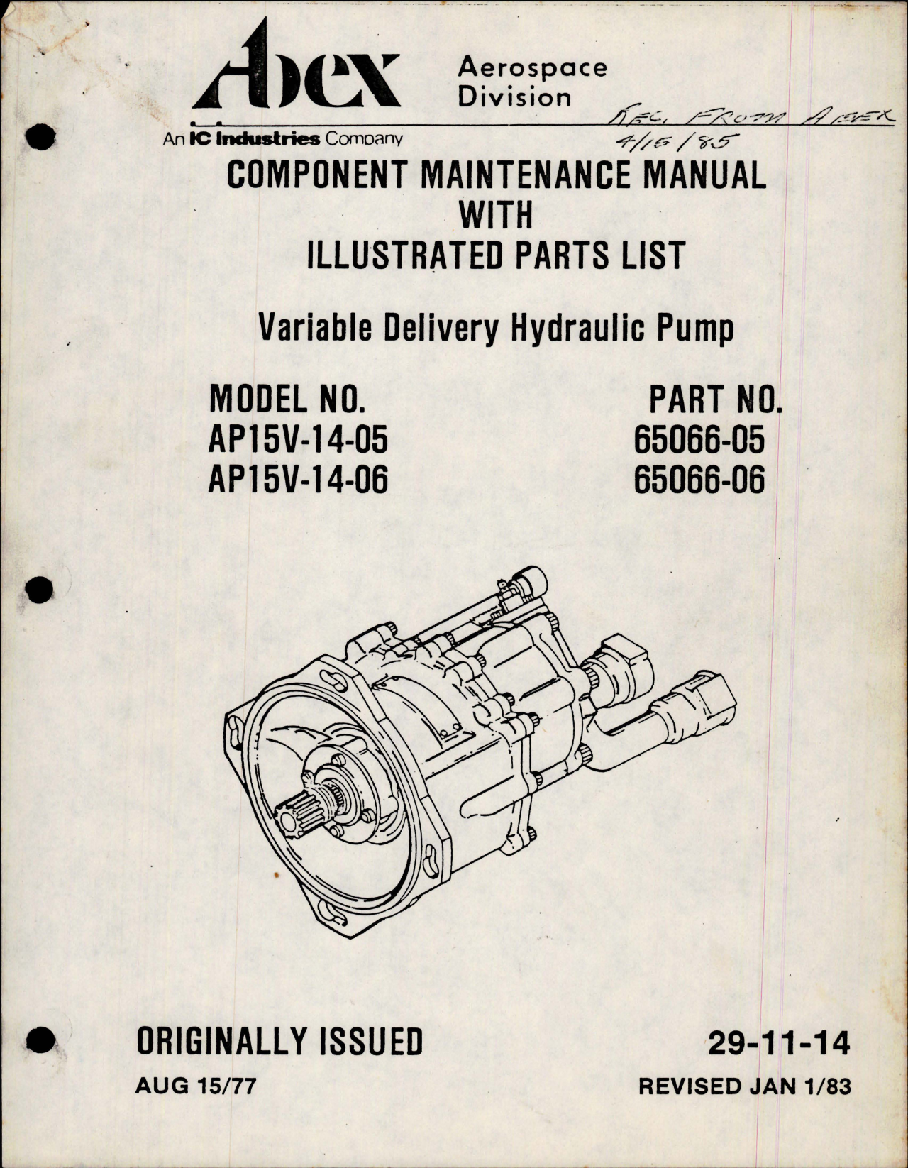 Sample page 1 from AirCorps Library document: Maintenance Manual with Parts List for Variable Delivery Hydraulic Pump - Parts 65066-05 and 65066-06 