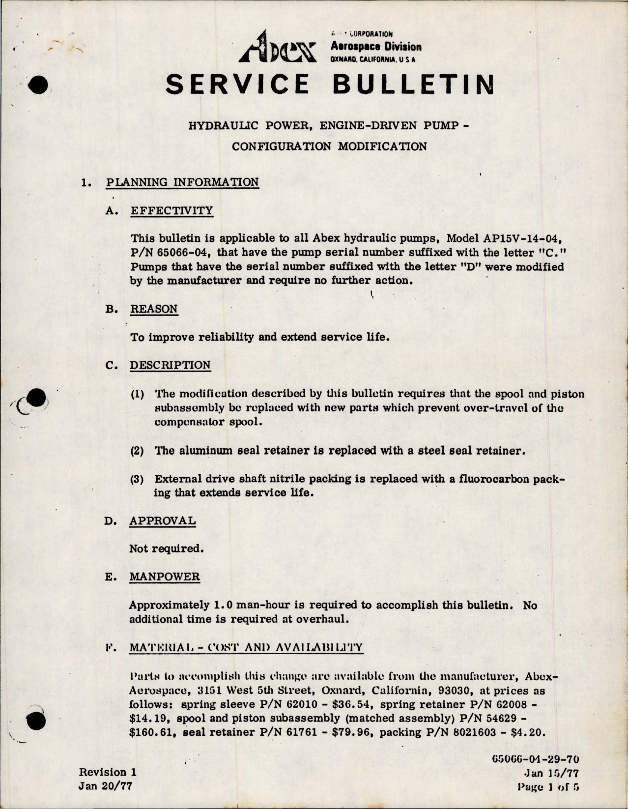 Sample page 1 from AirCorps Library document: Hydraulic Power Engine Driven Pump Configuration Modification - Model AP15V-14-04 - Part 65066-04