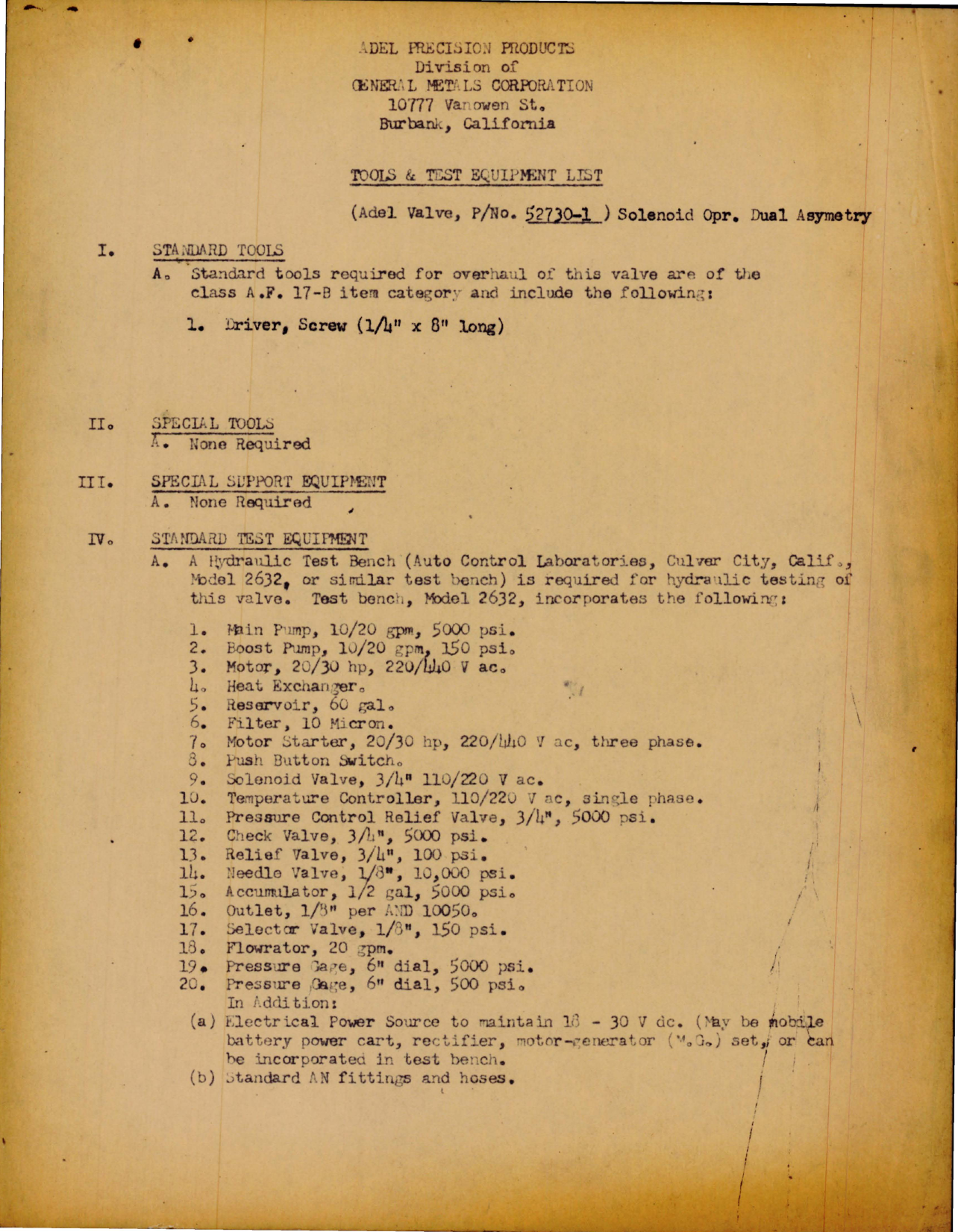 Sample page 1 from AirCorps Library document: Tools & Test Equipment List for Solenoid Opr Dual Asymetry - Part 52730-1 