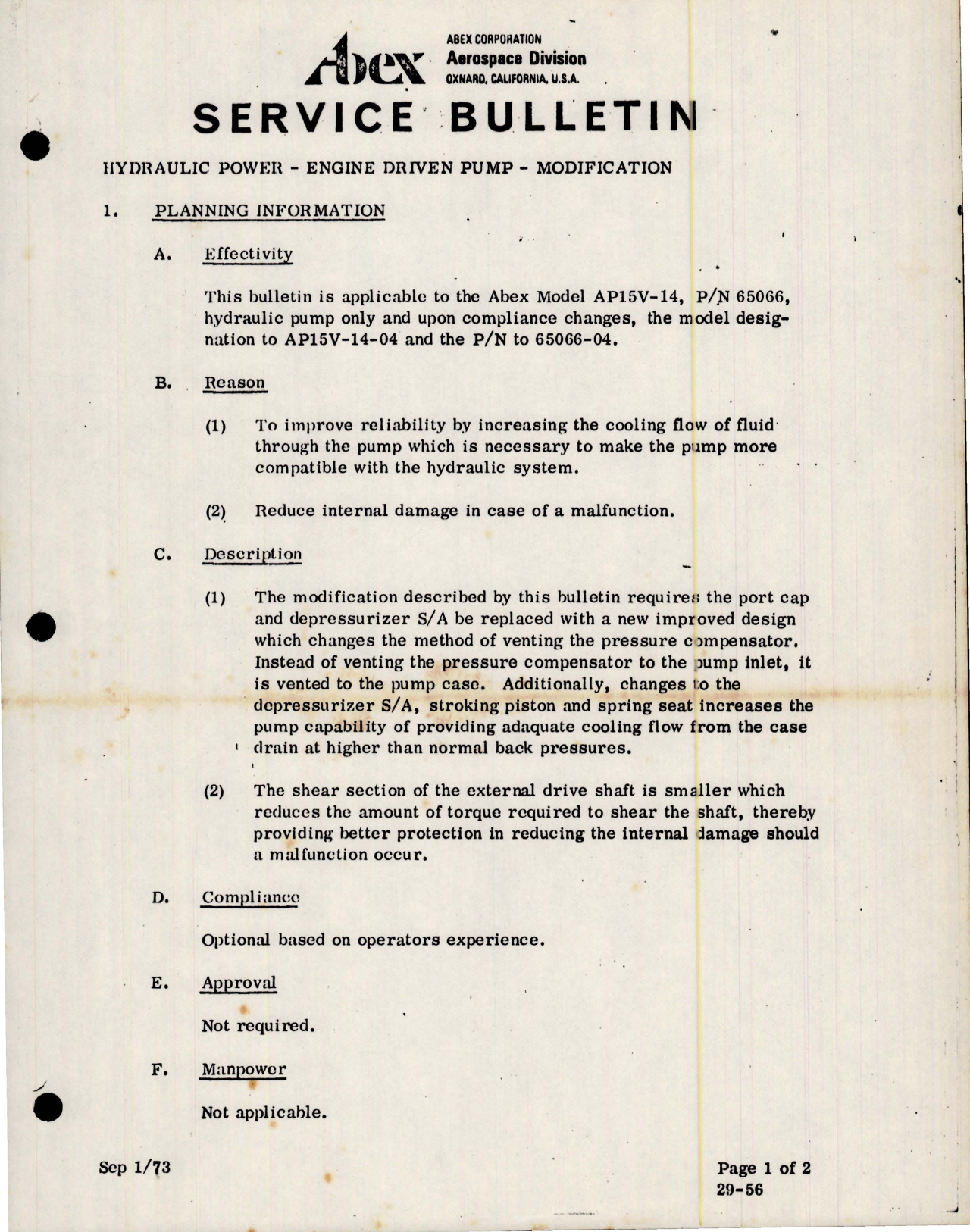 Sample page 1 from AirCorps Library document: Hydraulic Power - Engine Driven Pump Modification - Model AP15V-14 