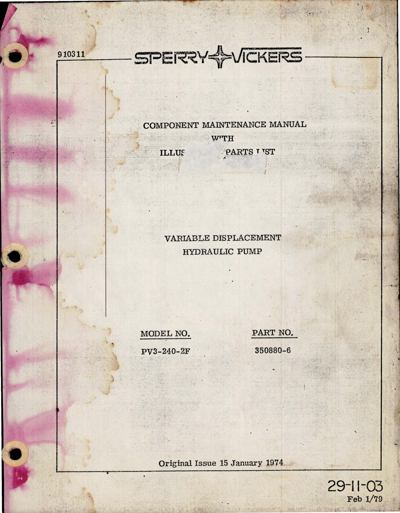 Sample page 1 from AirCorps Library document: Maintenance Manual with Parts List for Variable Displacement Hydraulic Pump - Parts 350880-6 - Model PV3-240-2F