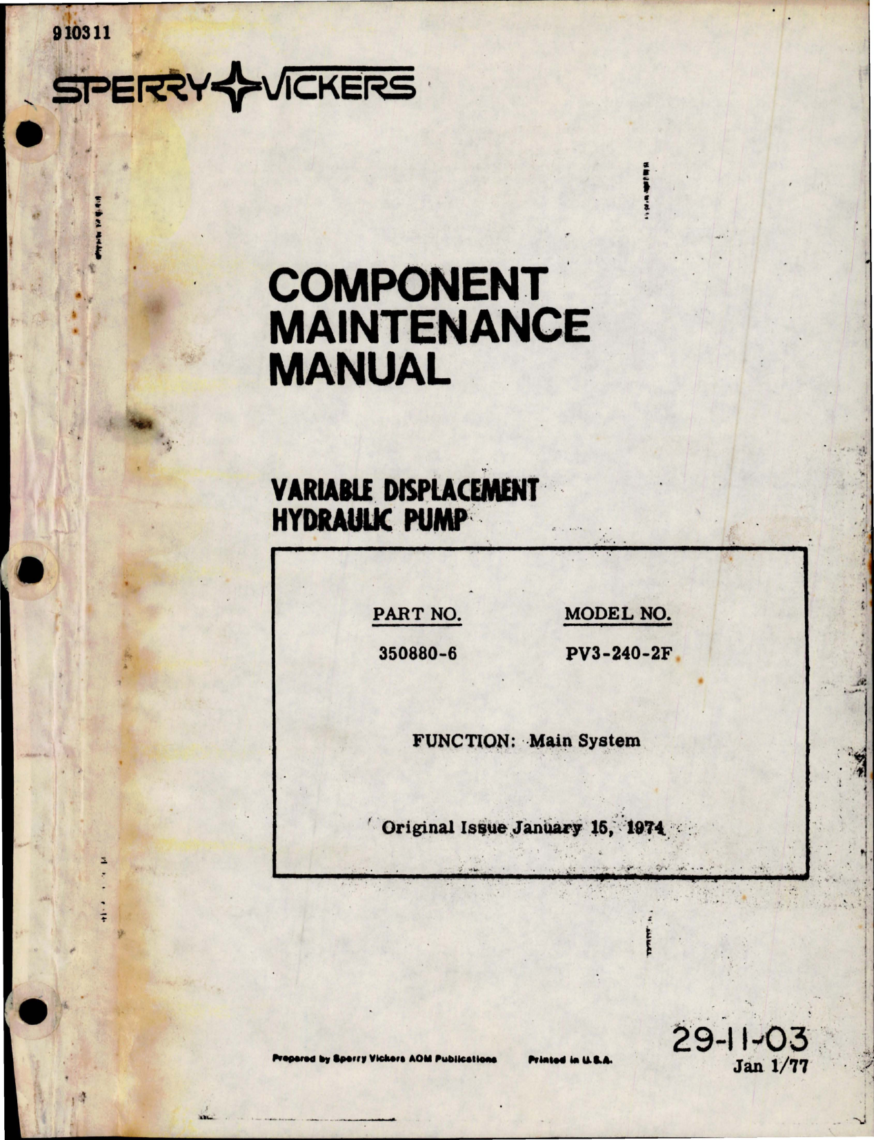 Sample page 1 from AirCorps Library document: Maintenance Manual for Variable Displacement Hydraulic Pump - Parts 350880-6 - Model PV3-240-2F