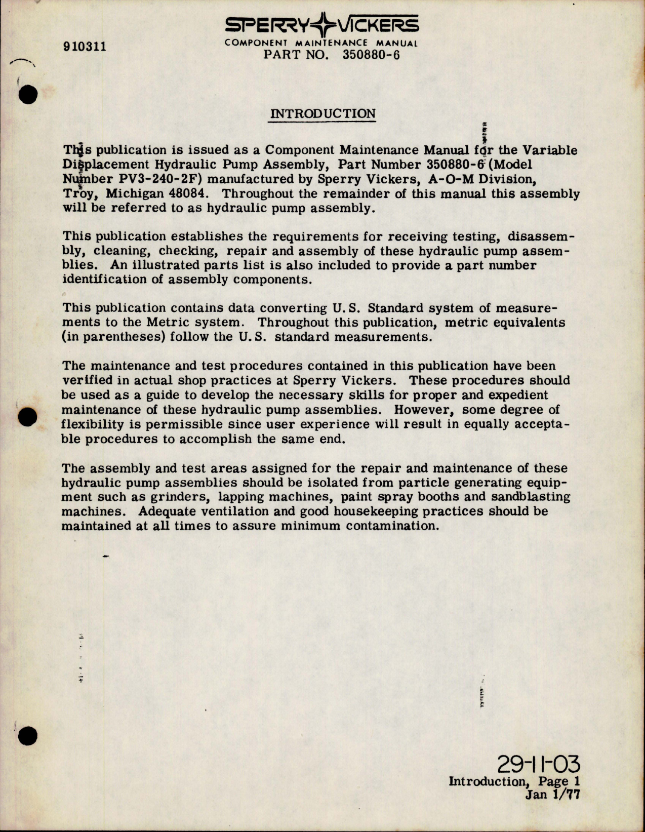 Sample page 8 from AirCorps Library document: Maintenance Manual for Variable Displacement Hydraulic Pump - Parts 350880-6 - Model PV3-240-2F