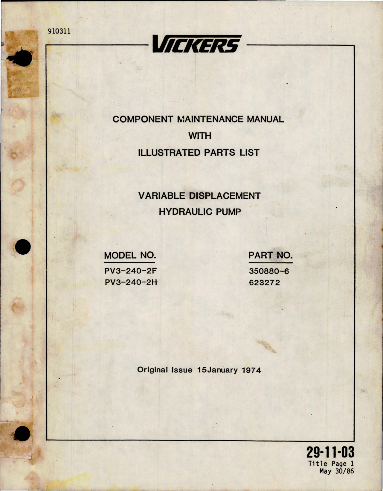 Sample page 1 from AirCorps Library document: Maintenance Manual with Parts List for Variable Displacement Hydraulic Pump - Parts 350880-6 and 623272