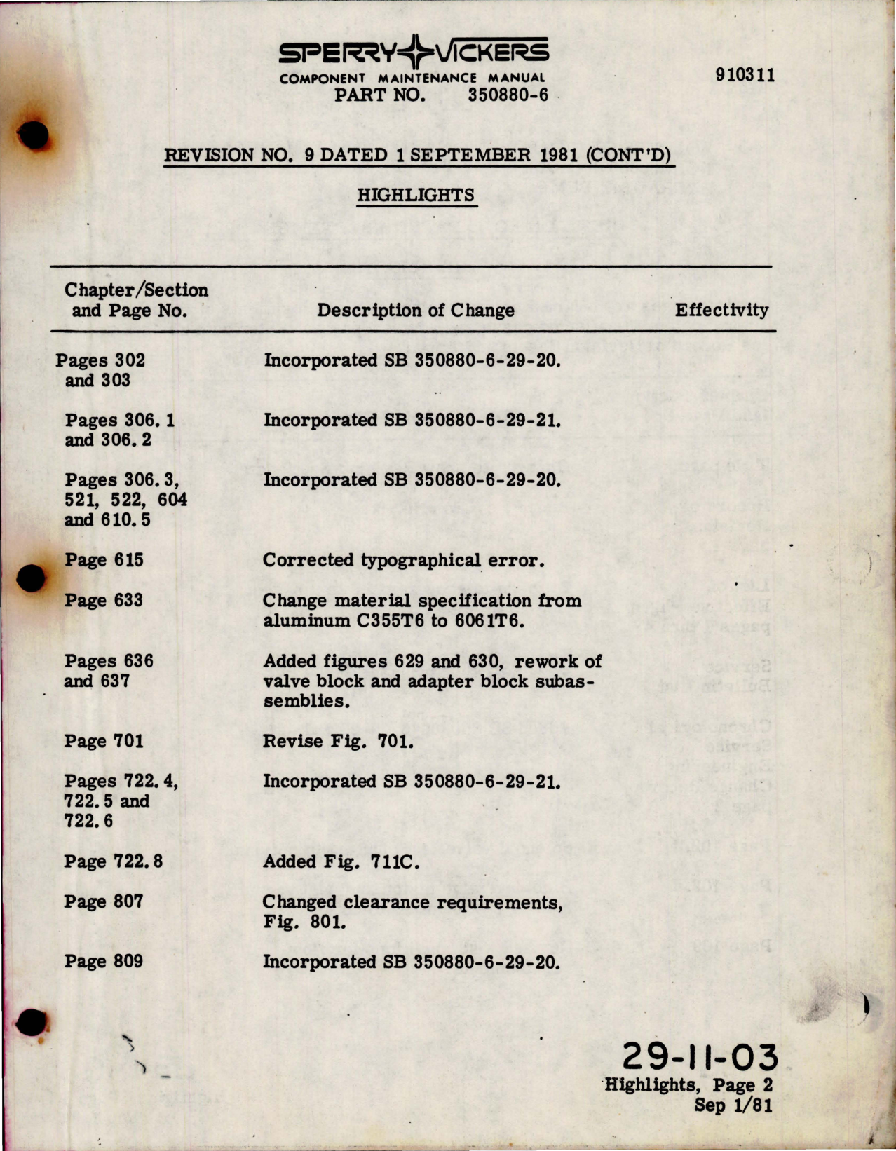 Sample page 1 from AirCorps Library document: Maintenance Manual for Variable Displacement Hydraulic Pump - Part 350880-6 - Model PV3-240-2F - Revision No. 9 