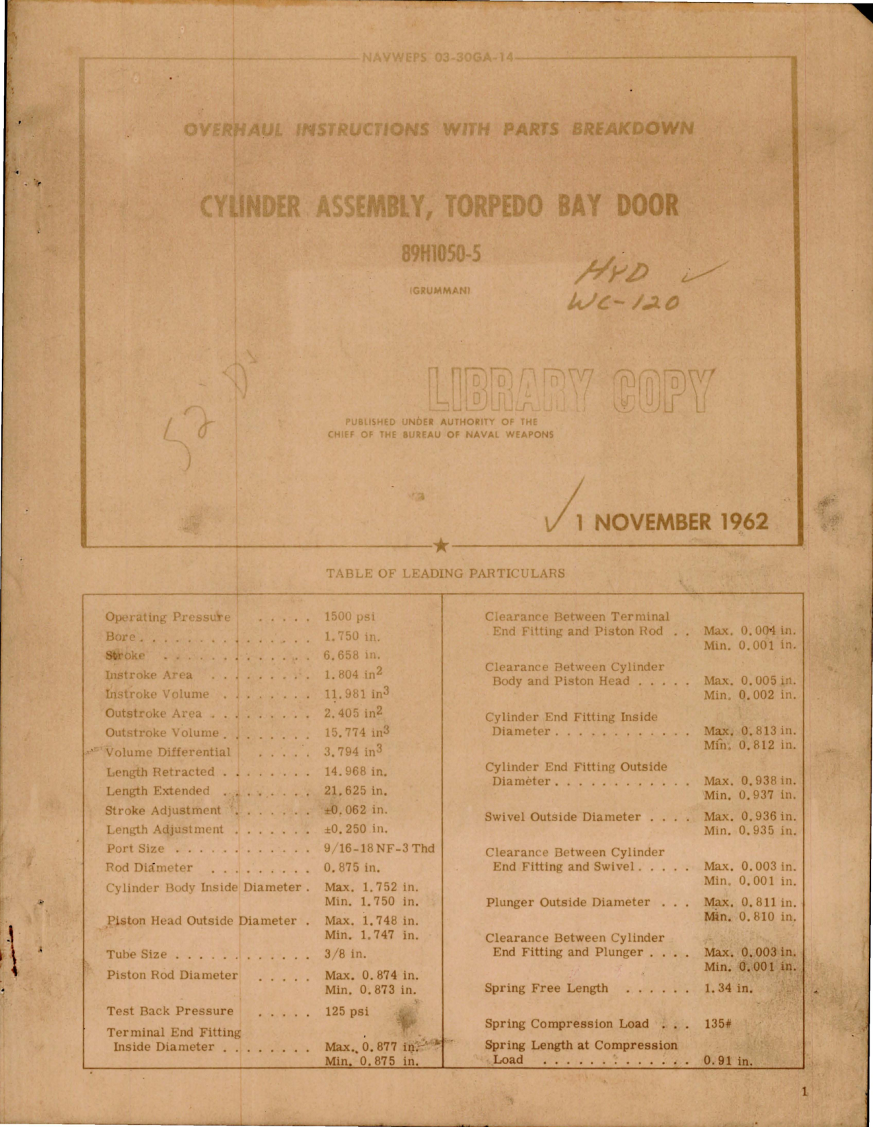 Sample page 1 from AirCorps Library document: Overhaul Instructions with Parts for Cylinder Assembly - Torpedo Bay Door - Part 89H1050-5 