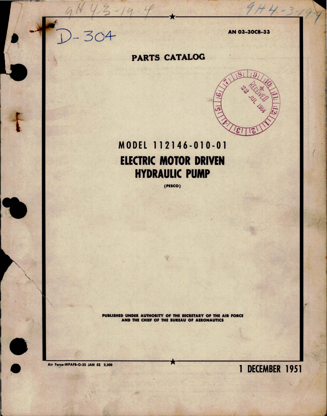 Sample page 1 from AirCorps Library document: Parts Catalog for Electric Motor Driven Hydraulic Pump - Model 112146-010-01 