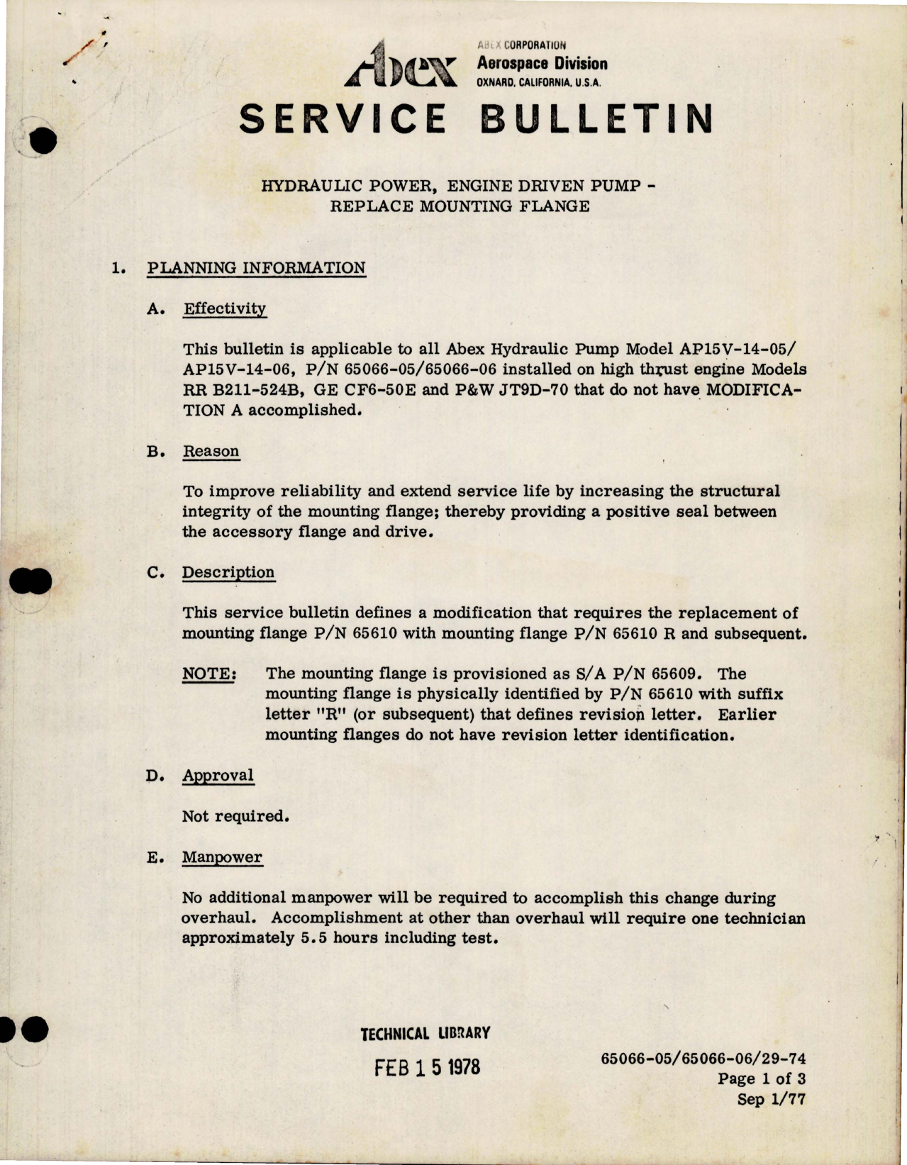 Sample page 1 from AirCorps Library document: Hydraulic Power - Engine Driven Pump - Replace Mounting Flange - Model AP15V-14-05 and -06 