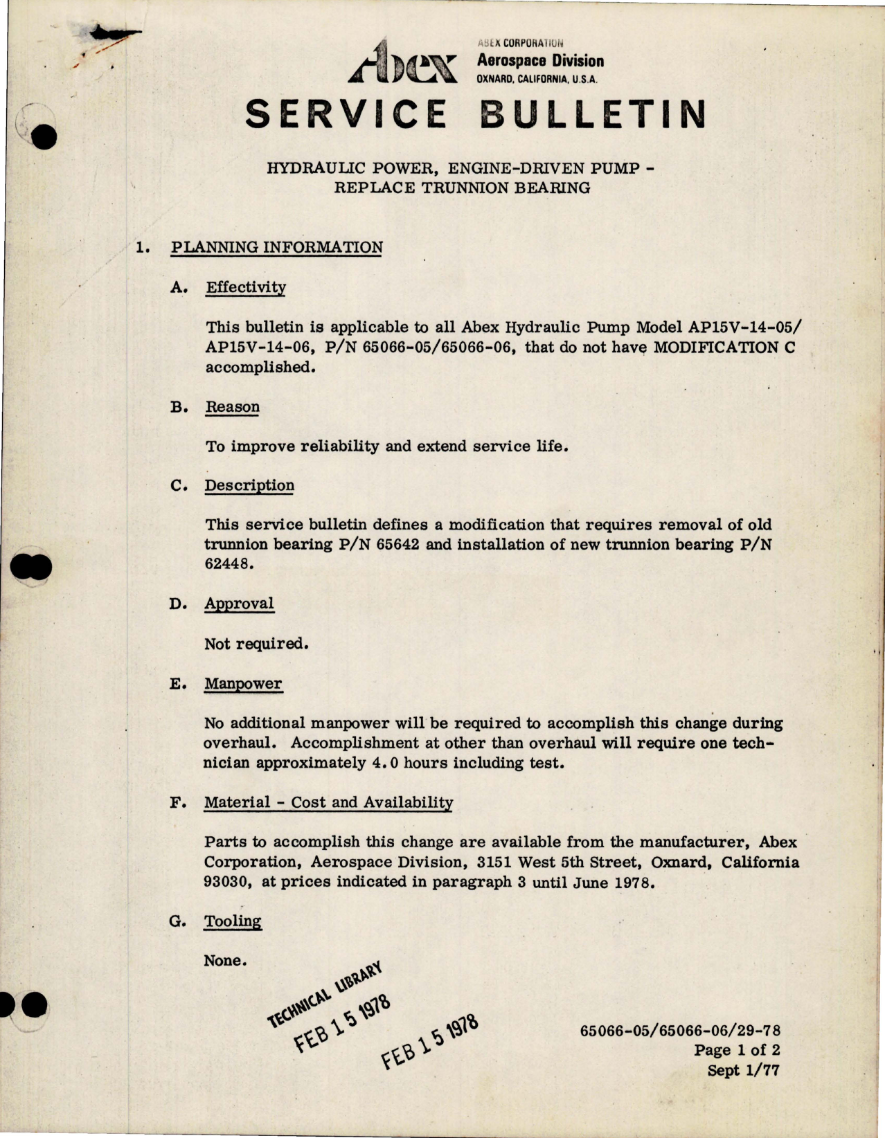 Sample page 1 from AirCorps Library document: Hydraulic Power - Engine Driven Pump - Replace Trunnion Bearing - Model AP15V-14-05 and AP15V-14-05-06 