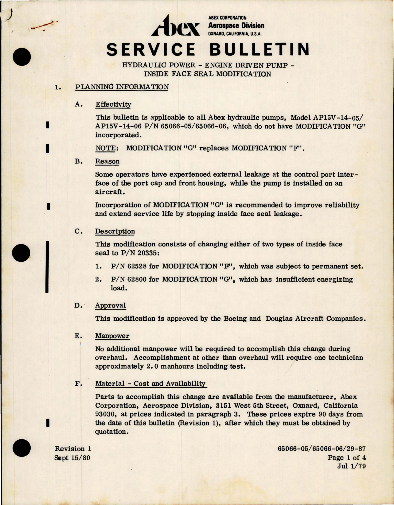 Sample page 1 from AirCorps Library document: Hydraulic Power - Engine Driven Pump - Inside Face Seal Modification - Model AP15V-14-05 and AP15V-14-06 