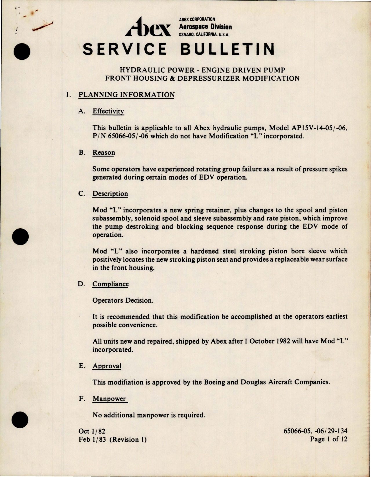 Sample page 1 from AirCorps Library document: Hydraulic Power - Engine Driven Pump - Front Housing and Depressurizer Modification - Model AP15V-14-05 and AP15V-14-06 