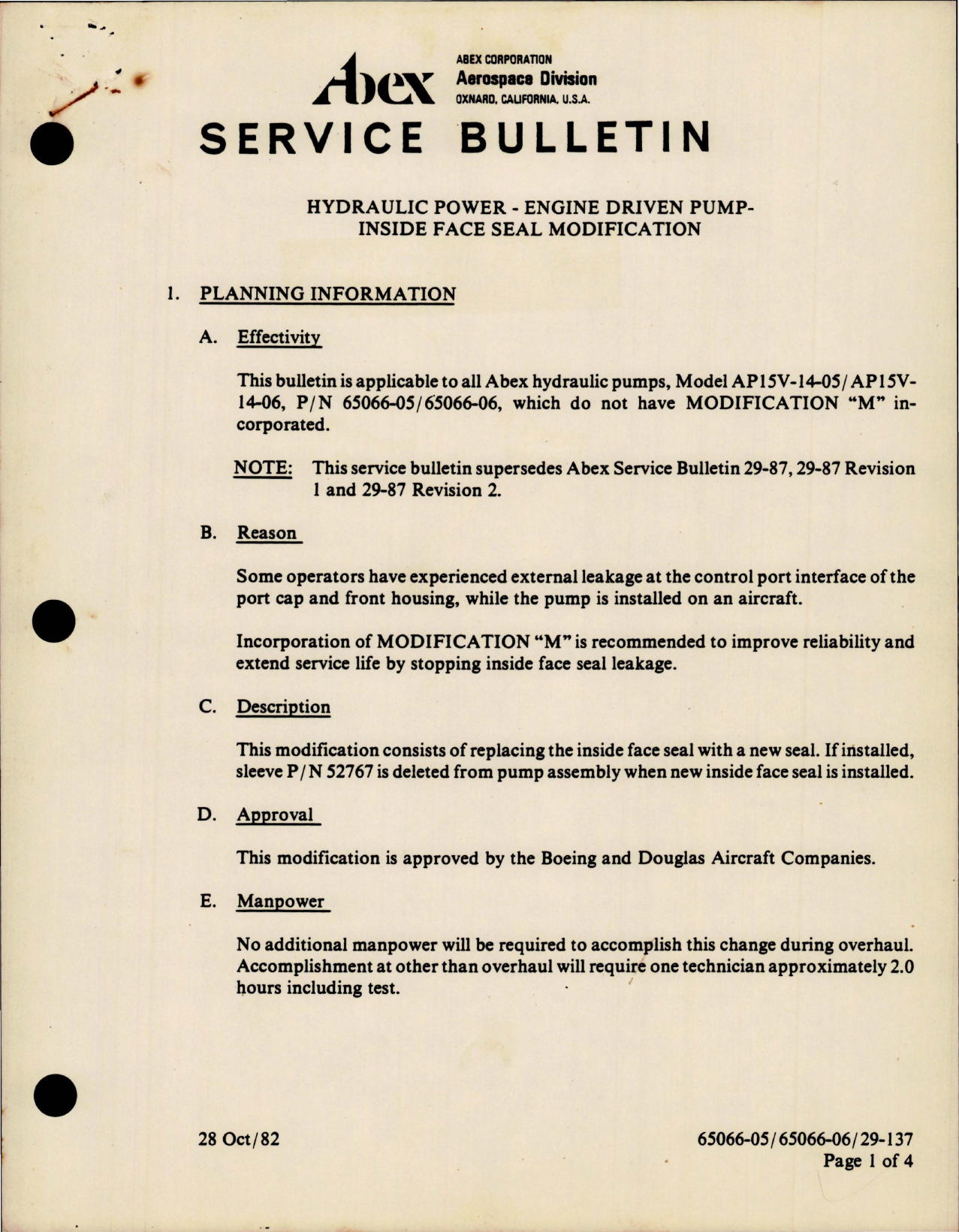 Sample page 1 from AirCorps Library document: Hydraulic Power - Engine Driven Pump - Inside Face Seal Modification - Model AP15V-14-05 and AP15V-14-06 