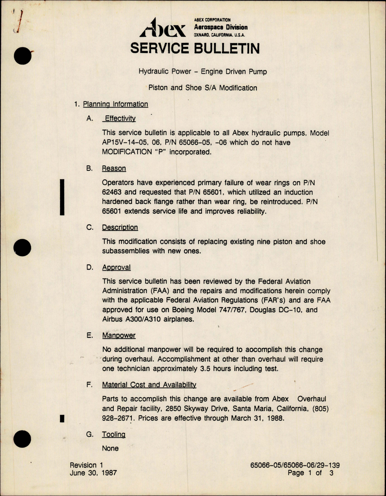Sample page 1 from AirCorps Library document: Hydraulic Power - Engine Driven Pump - Piston and Shoe Modification - Model AP15V-14-05 and AP15V-14-06 
