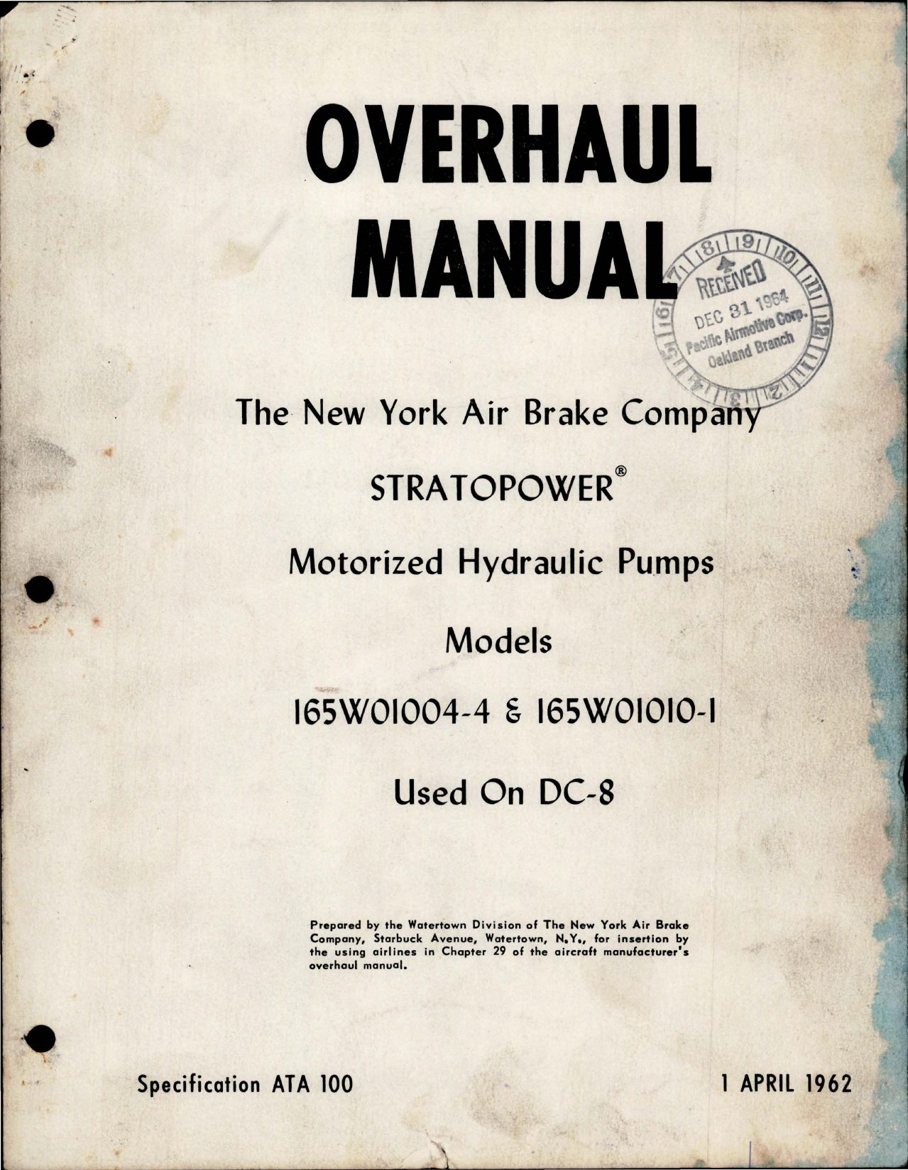 Sample page 1 from AirCorps Library document: Overhaul Manual for Stratopower Motorized Hydraulic Pumps - Models 165W01004-4 and 165W01010-1 