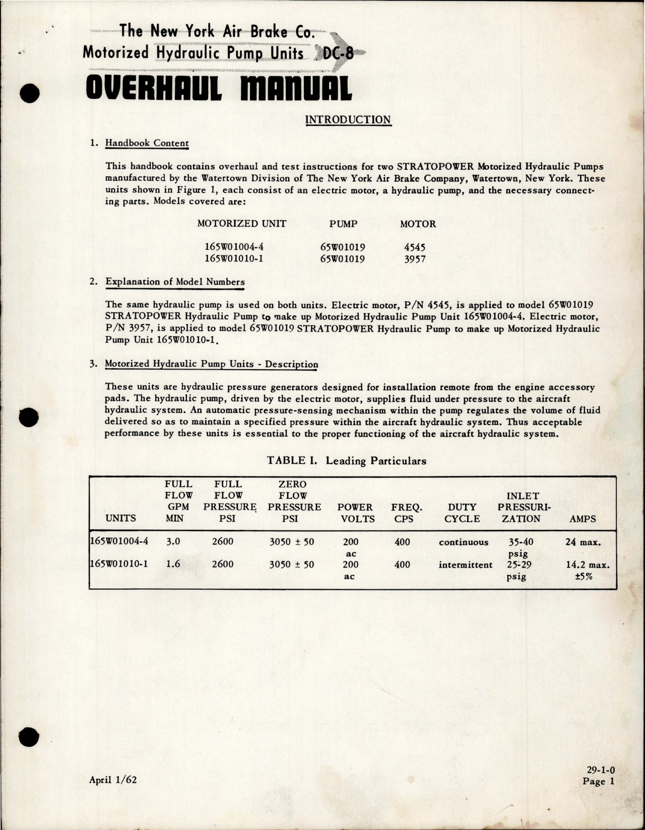 Sample page 5 from AirCorps Library document: Overhaul Manual for Stratopower Motorized Hydraulic Pumps - Models 165W01004-4 and 165W01010-1 