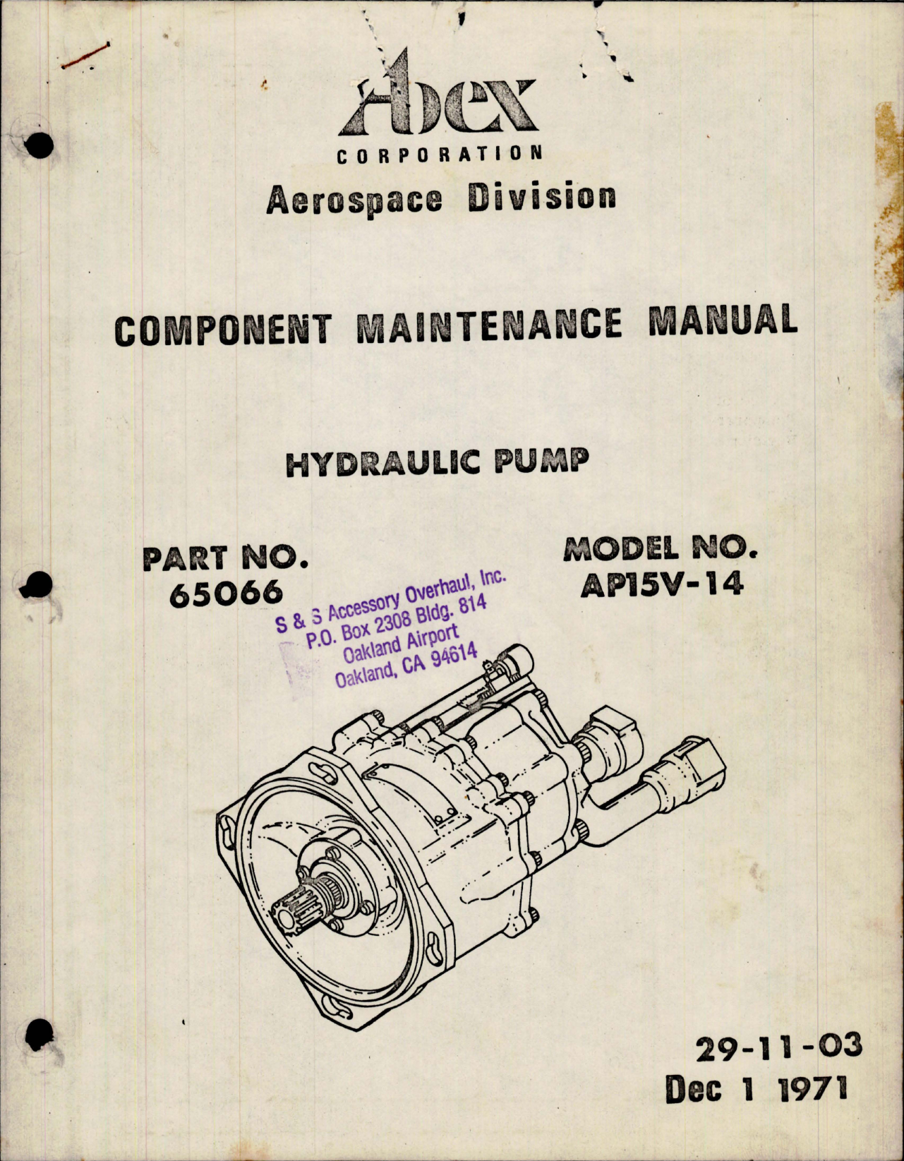Sample page 1 from AirCorps Library document: Component Maintenance Manual for Hydraulic Pump - Part 65066 - Model AP15V-14 