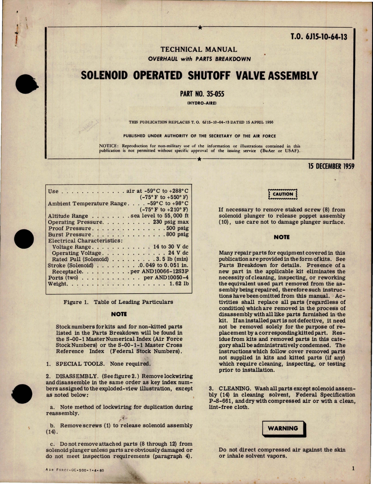 Sample page 1 from AirCorps Library document: Overhaul with Parts Breakdown for Solenoid Operated Shutoff Valve Assembly - Part 35-055 