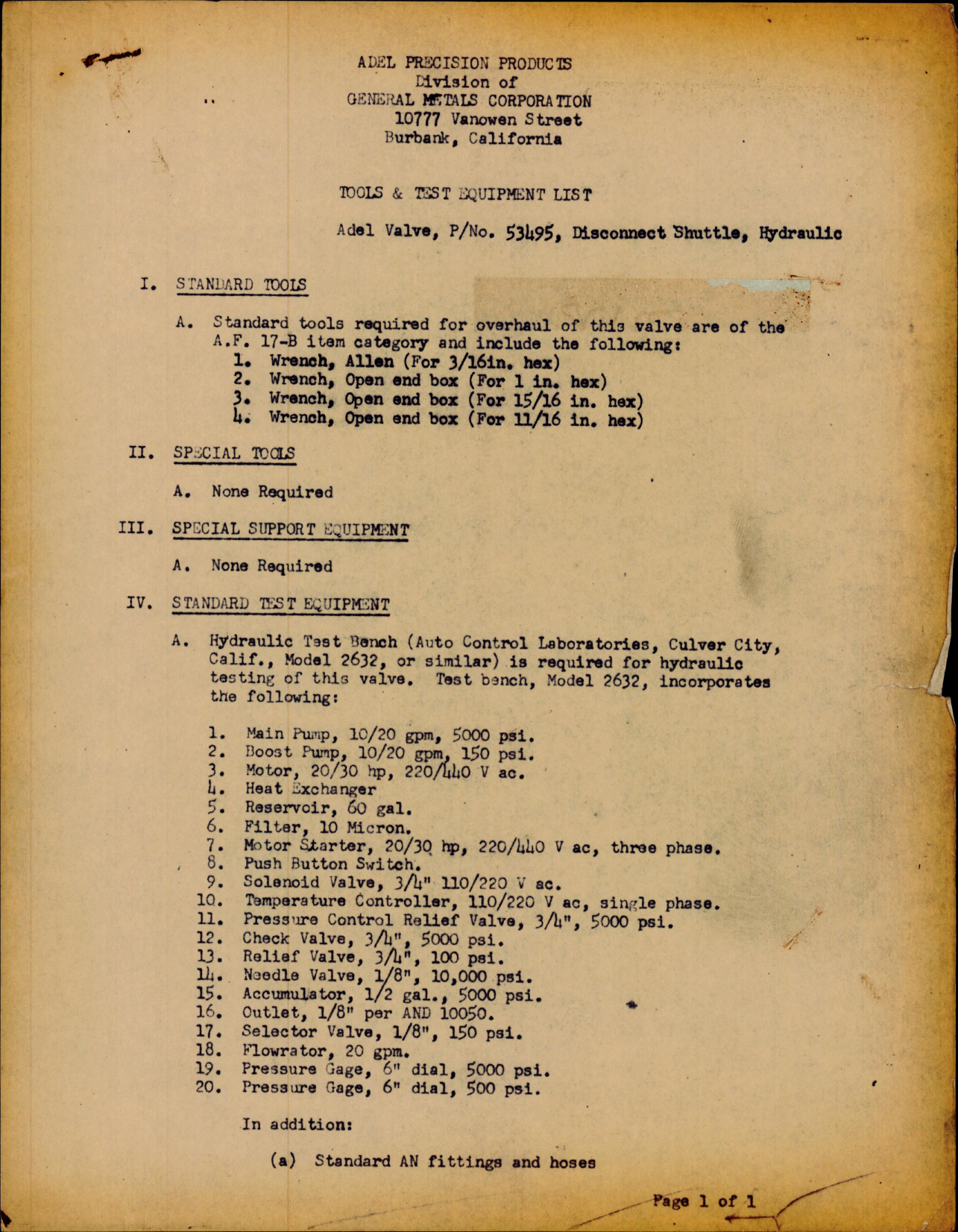 Sample page 1 from AirCorps Library document: Tools & Test Equipment List for Hydraulic Disconnect Shuttle Valve - Part 53495