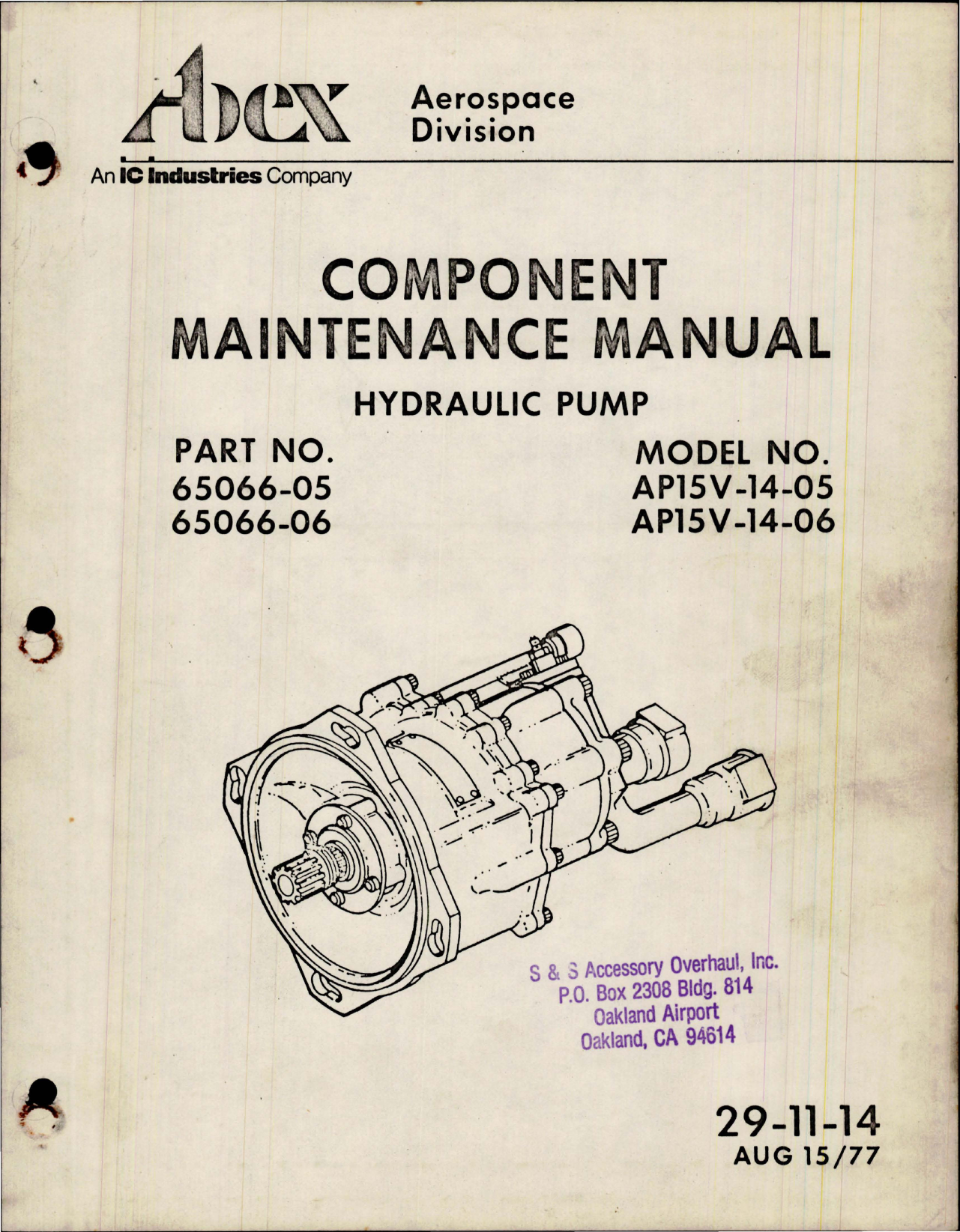 Sample page 1 from AirCorps Library document: Maintenance Manual for Hydraulic Pump - Parts 65066-05 and 65066-06