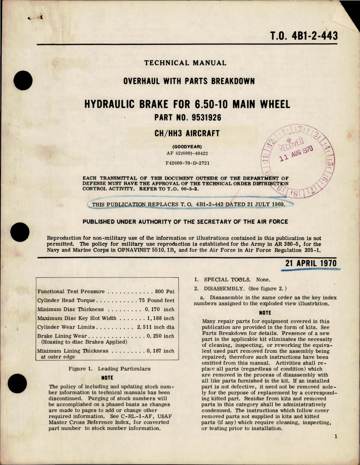 Sample page 1 from AirCorps Library document: Overhaul with Parts Breakdown for Hydraulic Brake for 6.50-10 Main Wheel - Part 9531926 