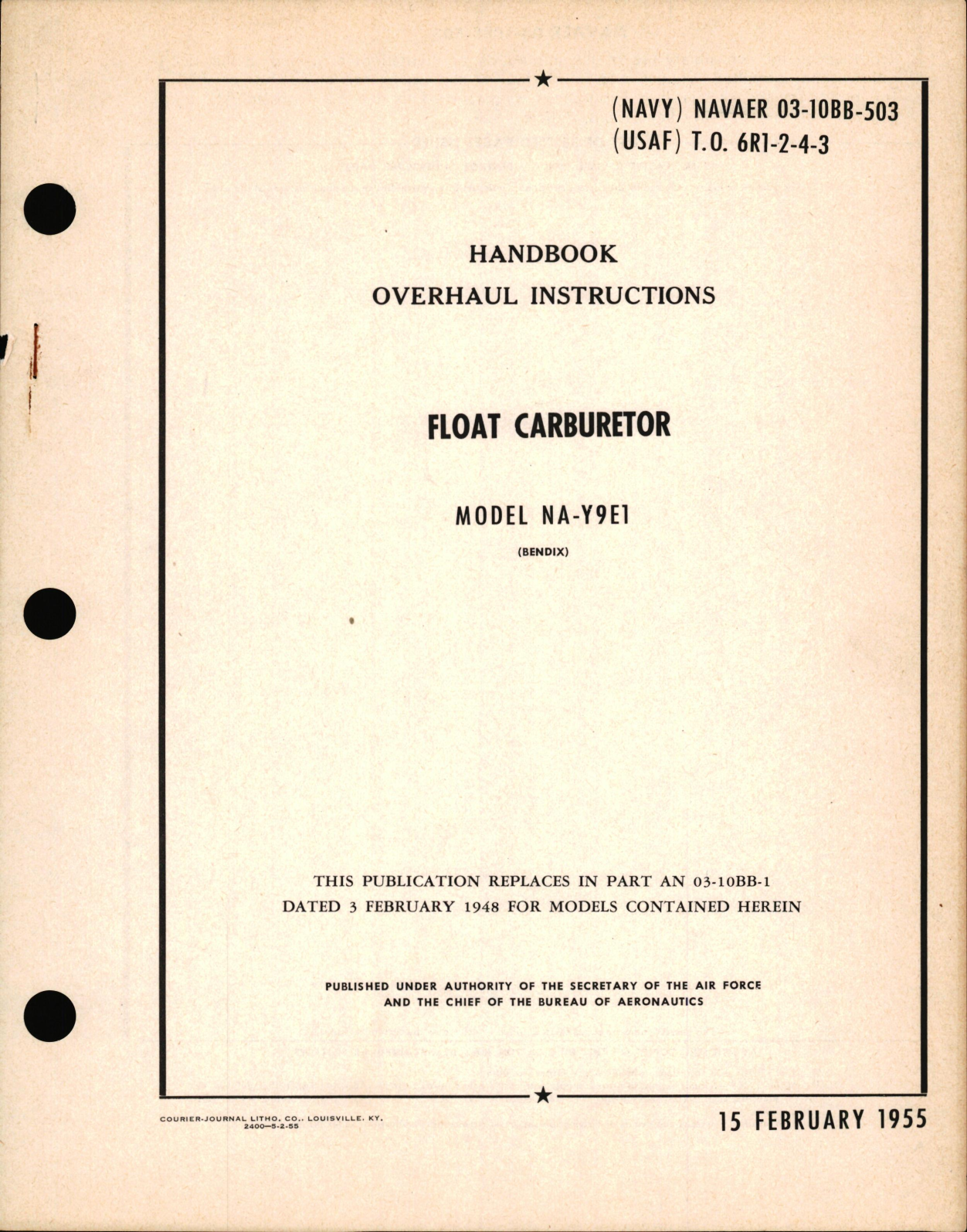 Sample page 1 from AirCorps Library document: Overhaul Instructions for Float Carburetor Model NA-Y9E1