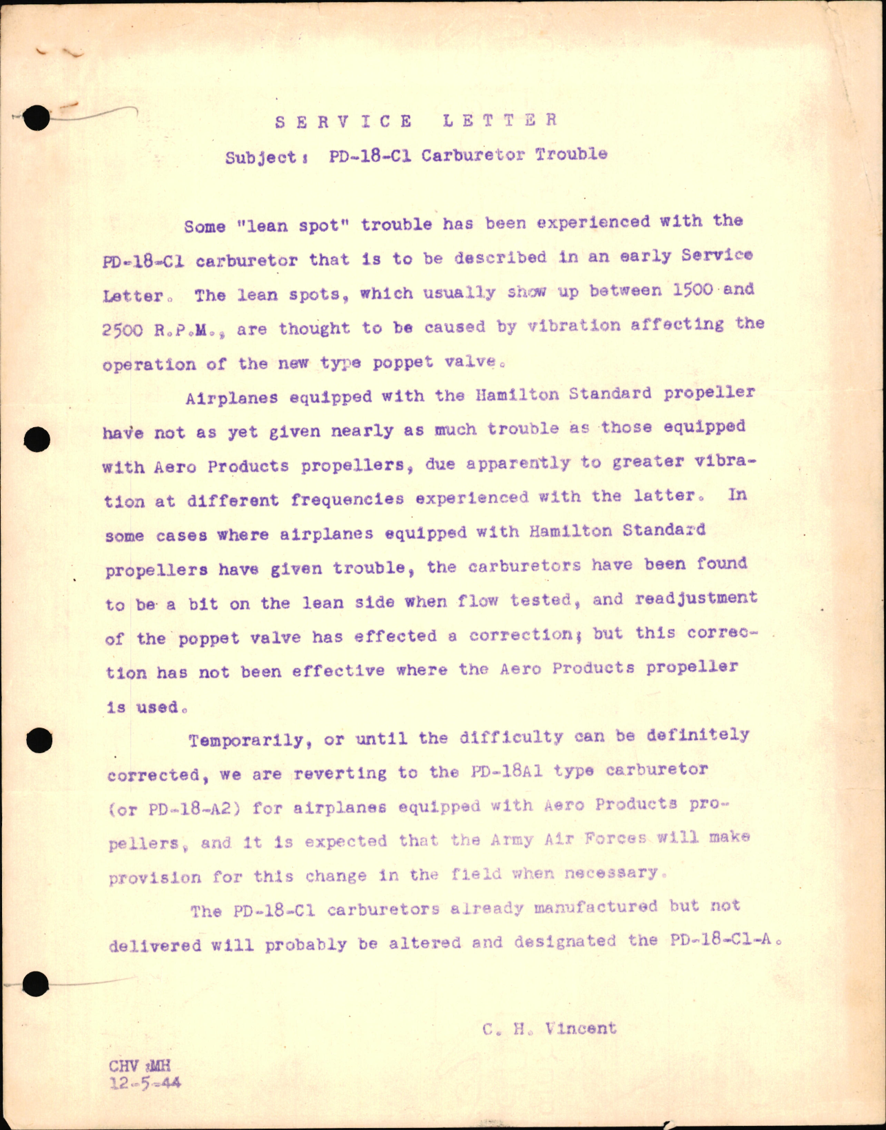 Sample page 1 from AirCorps Library document: Service Letter PD-18-C1 Carburetor Trouble
