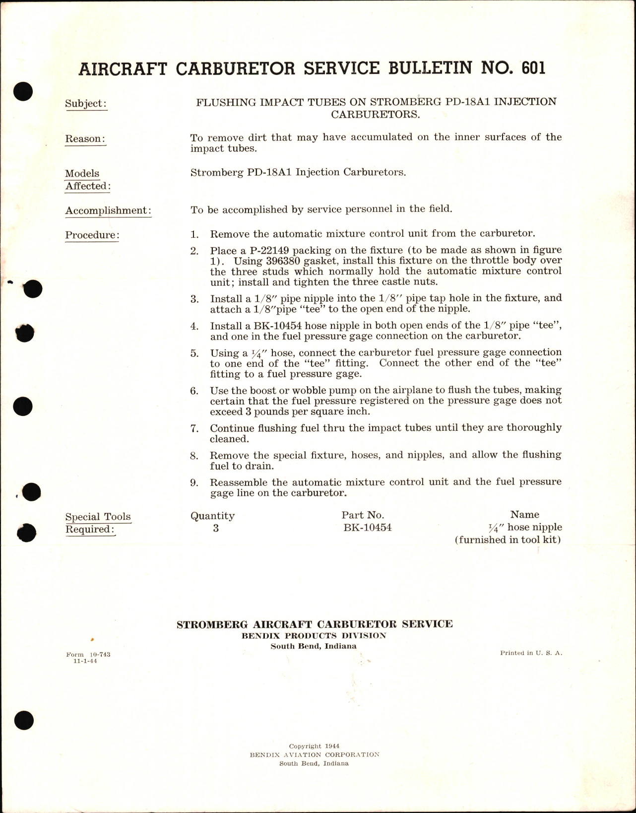 Sample page 1 from AirCorps Library document: Flushing Impact Tubes on Stromberg PD-18A1 Injection Carburetors