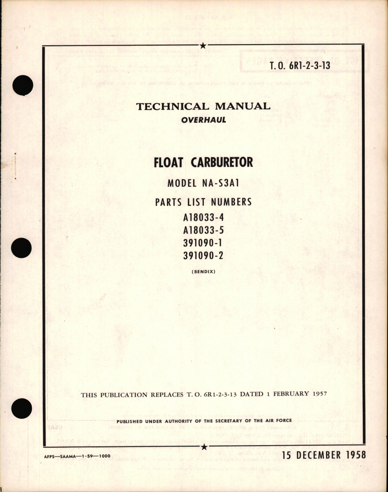 Sample page 1 from AirCorps Library document: Overhaul Manual for Float Carburetor Model NA-S3A1