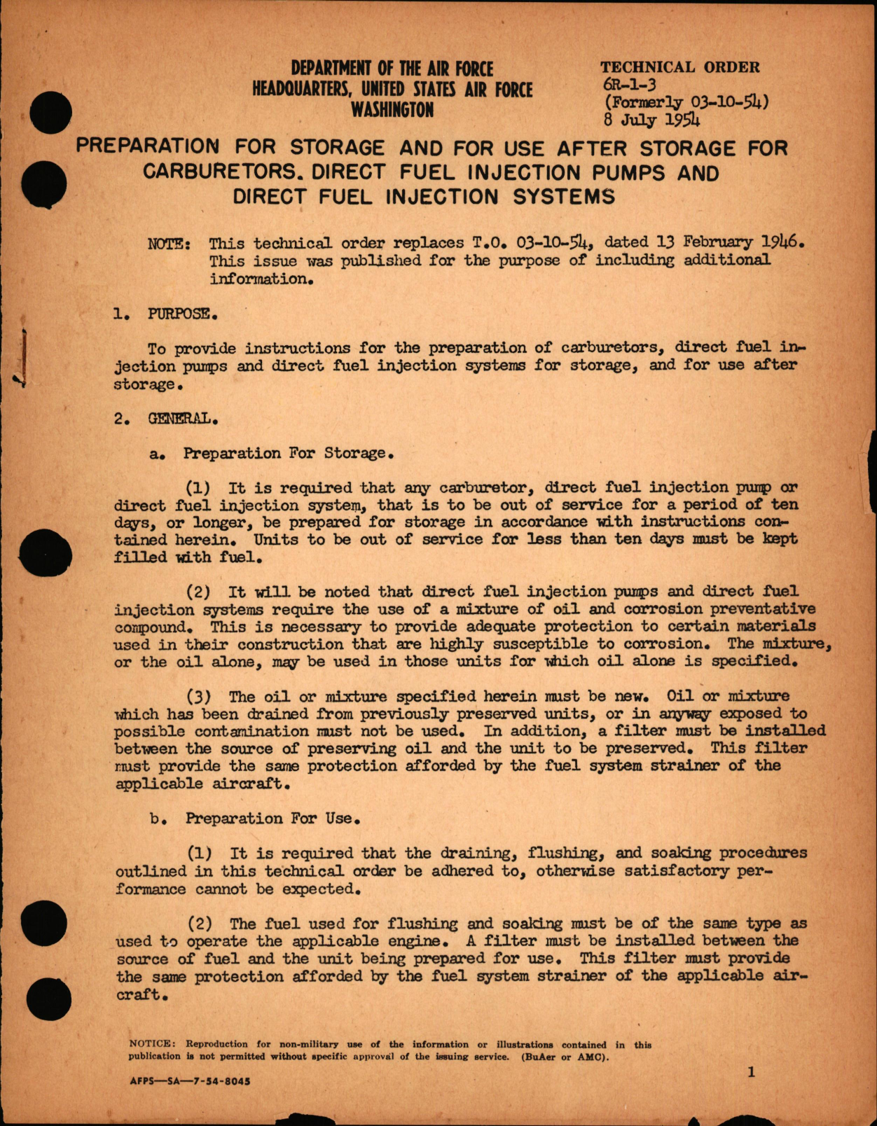 Sample page 1 from AirCorps Library document: Preparation for Storage & for Use After Storage for Carburetors, Direct Fuel Injection Pumps & Direct Fuel Injections Systems