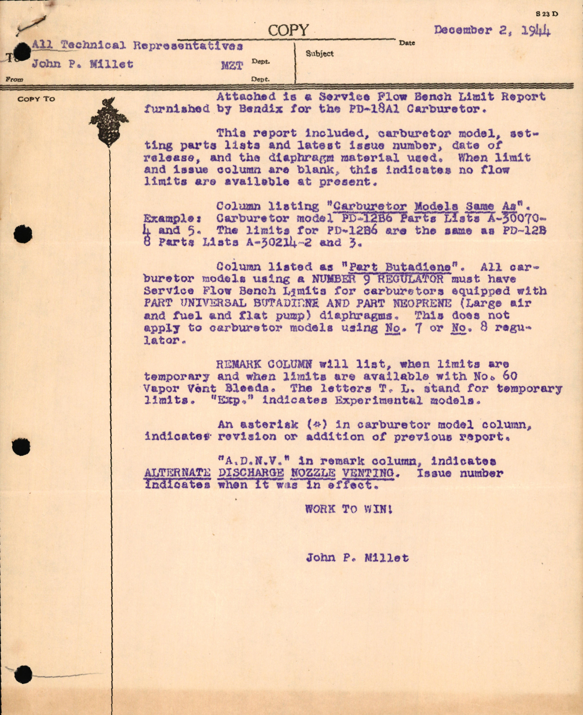 Sample page 1 from AirCorps Library document: Correspondence Concerning a Report on the Bendix PD-18A1 Carburetor